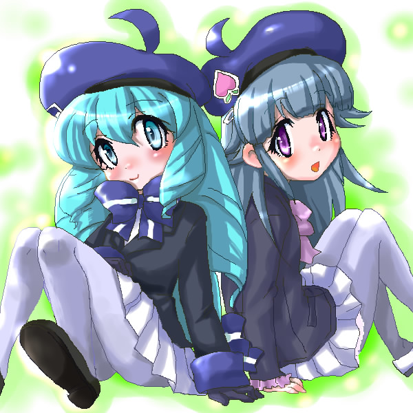 nishizawa momoka, shion (keroro gunsou), keroro gunsou, 2girls, beret, blue hair, hat, multiple girls