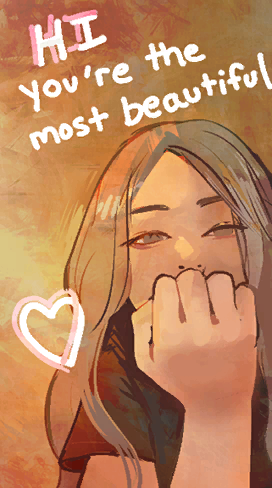 angela he, lowres, non-web source, official art, 1girl, aegyo sal, black shirt, brown eyes, brown hair, covering own mouth, english text, half-closed eye, hand up, heart, long hair, looking at viewer, missed messages, portrait, shirt, solo, t-shirt