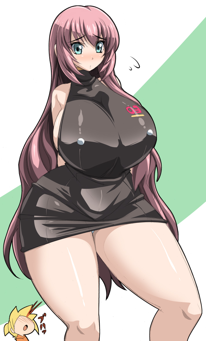 kloah, kagamine len, megurine luka, vocaloid, 1girl, blonde hair, blood, blue eyes, bottomless, breasts, chibi, curvy, hip focus, huge breasts, long hair, nosebleed, pink hair, thick thighs, thighs, very long hair, wide hips