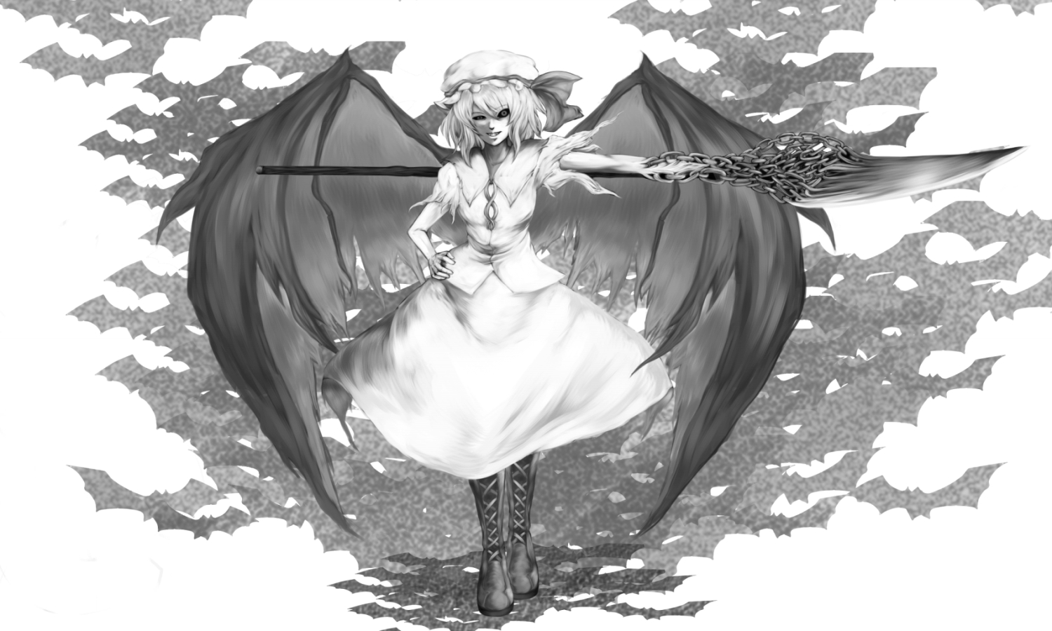 eyessan, remilia scarlet, touhou, 1girl, bat (animal), chain, female focus, greyscale, monochrome, skirt, solo, spear the gungnir, white background, wings