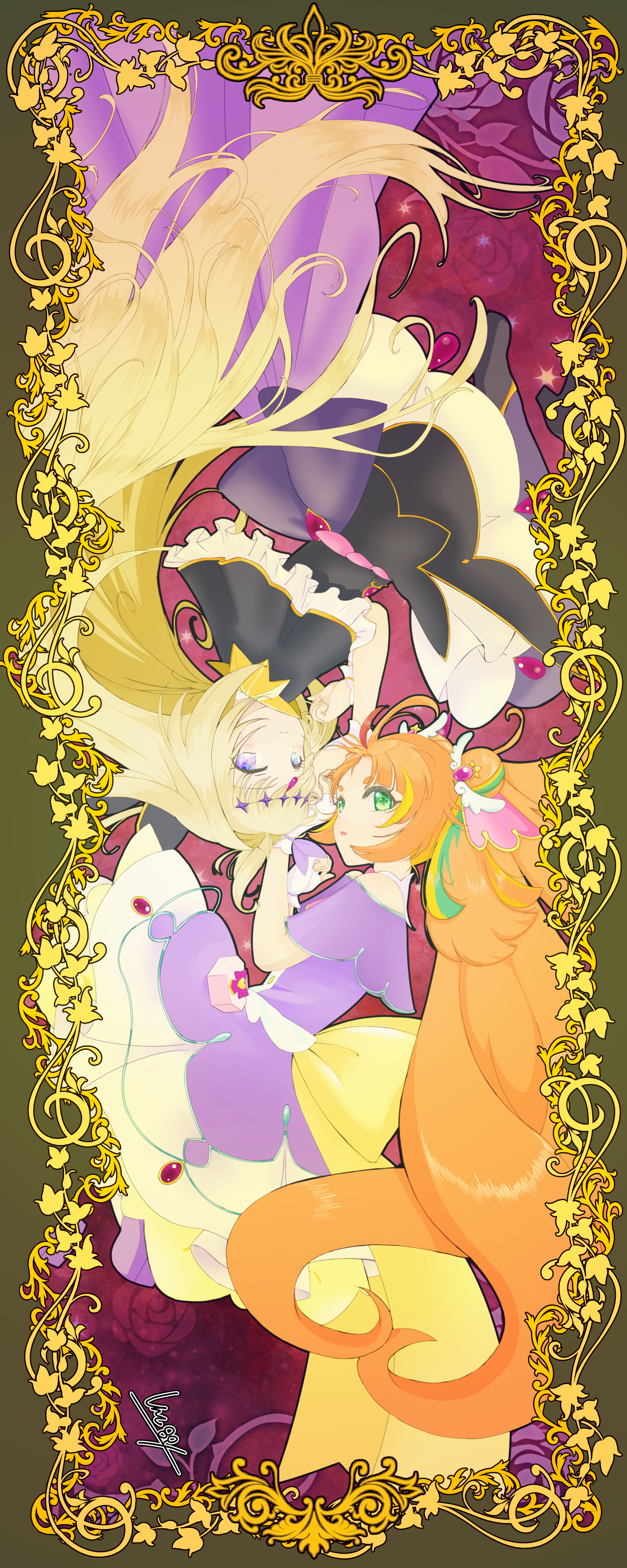 shinku pack, cure arcana shadow, mementovanitas, meitantei precure!, million production, precure, absurdres, commentary, highres, 2girls, ahoge, antenna hair, back bow, black capelet, black dress, black pantyhose, black shoes, blonde hair, bow, brown hair, capelet, closed mouth, cosplay, cure answer, cure answer (cosplay), cure arcana shadow (cosplay), diamond hairband, double bun, dress, frills, green eyes, green hair, hair bun, hair intakes, hair ornament, komawari koma, long hair, magical girl, multicolored hair, multiple girls, pantyhose, purple background, purple capelet, purple dress, purple eyes, purple shoes, red hair, shoes, signature, smile, streaked hair, symbol-shaped pupils, symmetry, upside-down, virtual youtuber, yellow bow