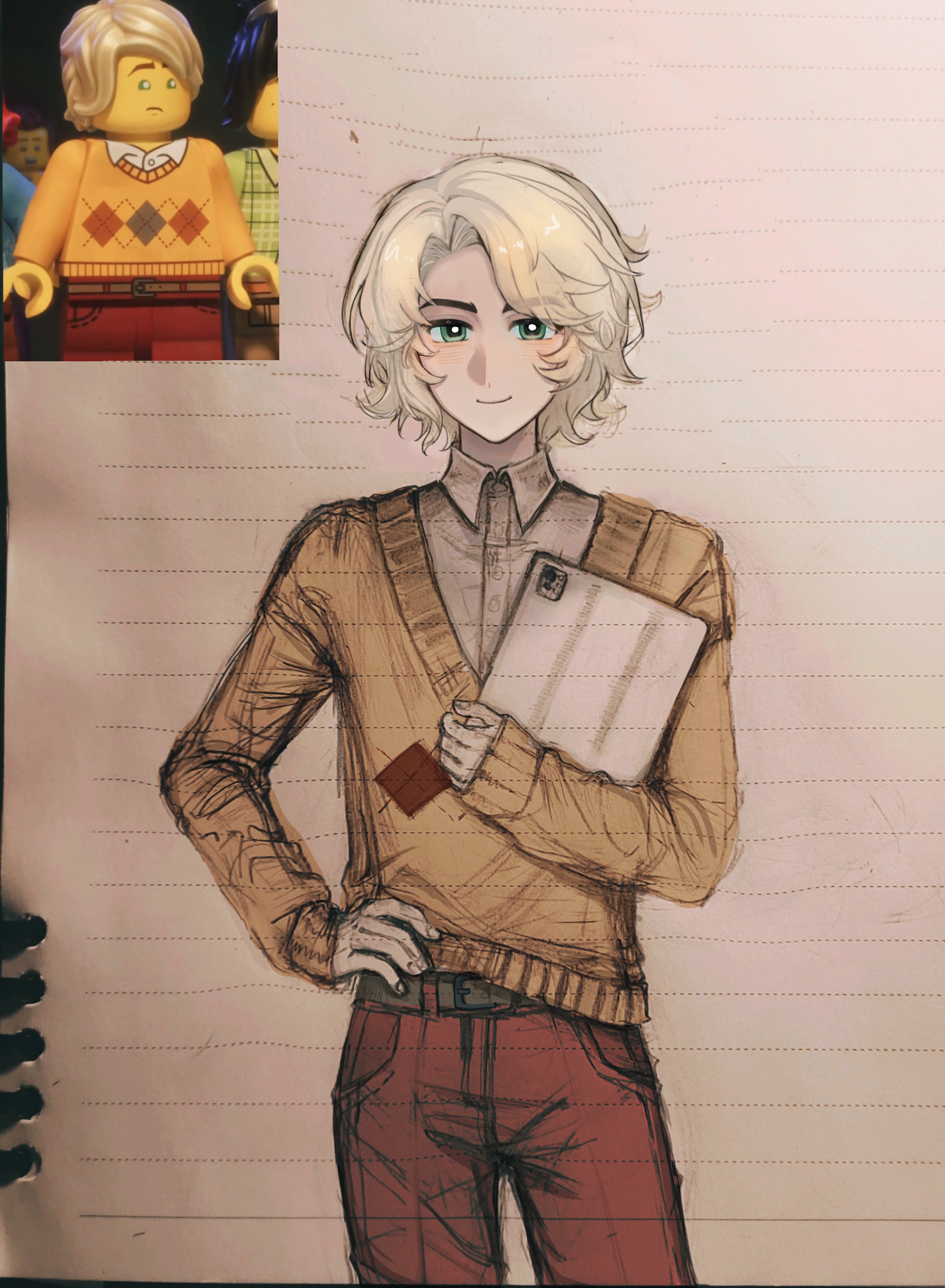 lloyd garmadon, ninjago, the lego group, chinese commentary, commentary request, highres, 1boy, animification, belt, black belt, blonde hair, closed mouth, collared shirt, cowboy shot, eyes visible through hair, green eyes, hand on own hip, holding, holding tablet pc, ipad, long sleeves, looking at viewer, male focus, ninjago dragons rising, pants, red pants, reference inset, screenshot inset, shirt, short hair, smile, solo, sweater, tablet pc, white shirt, wing collar, xinjinjumin8851640, yellow sweater