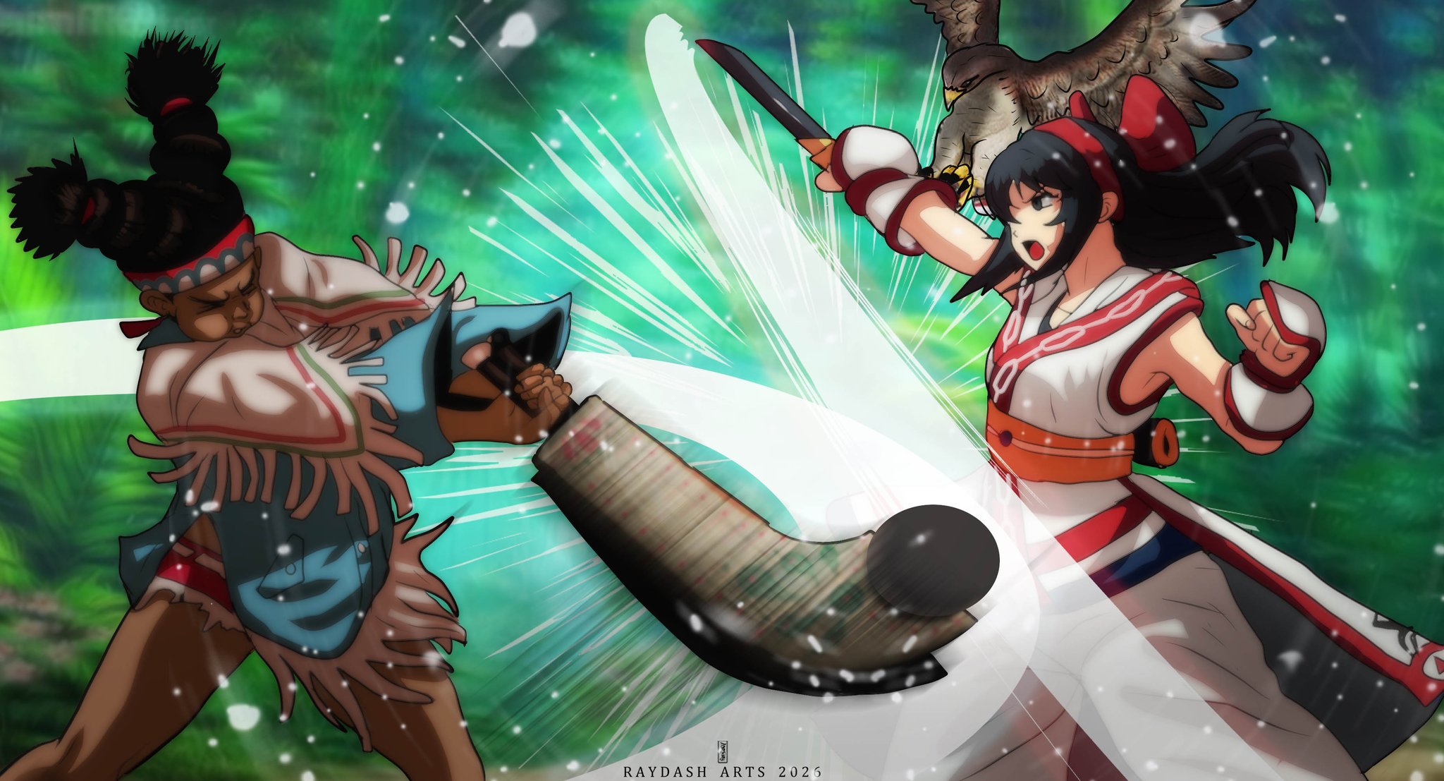 raydash30, lily hawk, mamahaha, nakoruru, capcom, samurai spirits, snk, street fighter, street fighter 6, the king of fighters, the king of fighters xv, highres, 2girls, ainu clothes, armpit peek, armpits, attack, black eyes, black hair, braid, breasts, clash, clenched hand, closed eyes, crossover, dark-skinned female, dark skin, fingerless gloves, gloves, hair ribbon, half-closed eyes, legs, long hair, multiple girls, native american, open mouth, ribbon, serious, shorts, small breasts, thighs, tongue, twin braids, weapon