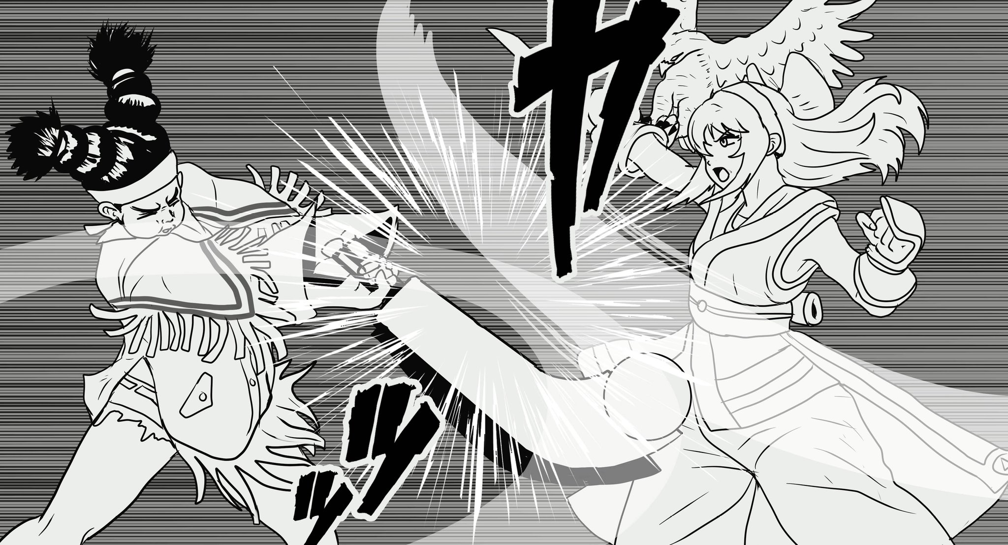 raydash30, lily hawk, mamahaha, nakoruru, capcom, samurai spirits, snk, street fighter, street fighter 6, the king of fighters, the king of fighters xv, highres, 2girls, ainu clothes, armpit peek, armpits, attack, black hair, braid, breasts, clash, clenched hand, closed eyes, crossover, fingerless gloves, gloves, hair ribbon, half-closed eyes, legs, long hair, multiple girls, native american, open mouth, ribbon, serious, shorts, small breasts, thighs, tongue, twin braids, weapon