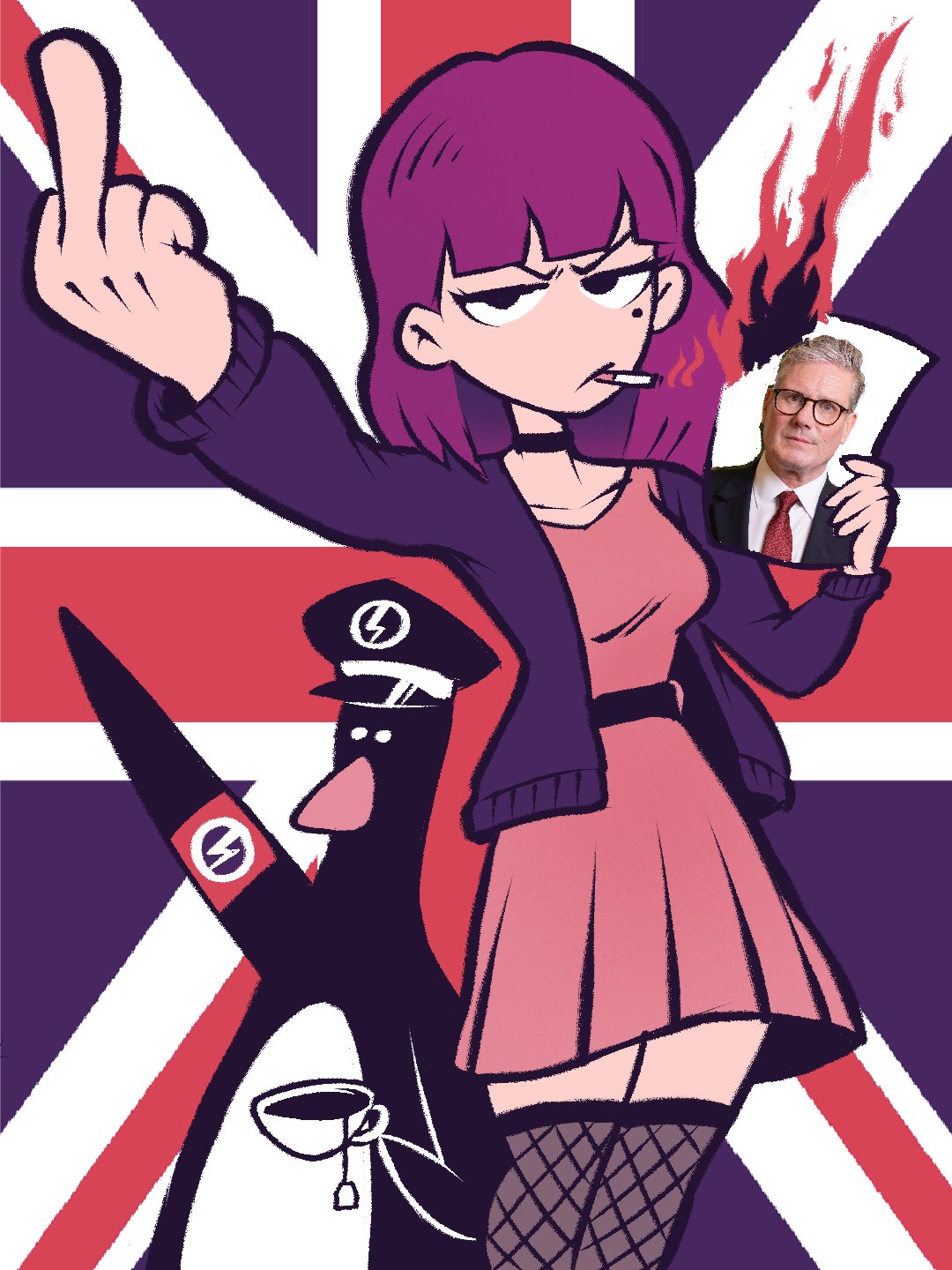 atomiksaico, amelia (pathways), feathers mcgraw, pathways (game), real life, wallace & gromit, commentary, highres, 1girl, 2boys, :/, armband, belt, bird, black collar, blunt bangs, breasts, british union of fascists, burning, burning paper, burning photo, cigarette, collar, crossover, cup, disdain, dress, feet out of frame, fishnet over-kneehighs, fishnets, flag background, hat, holding, holding cup, holding photo, jacket, jacket over dress, jitome, keir starmer, layered clothes, lightning bolt symbol, looking at viewer, medium hair, middle finger, mole, mole under eye, multiple boys, narrowed eyes, open clothes, open jacket, outstretched arm, over-kneehighs, peaked cap, penguin, photo (object), photo inset, pink dress, purple hair, purple jacket, reaching, reaching towards viewer, red armband, salute, sanpaku, small breasts, smoking, standing, straight-arm salute, teacup, thighhighs, union jack, united kingdom