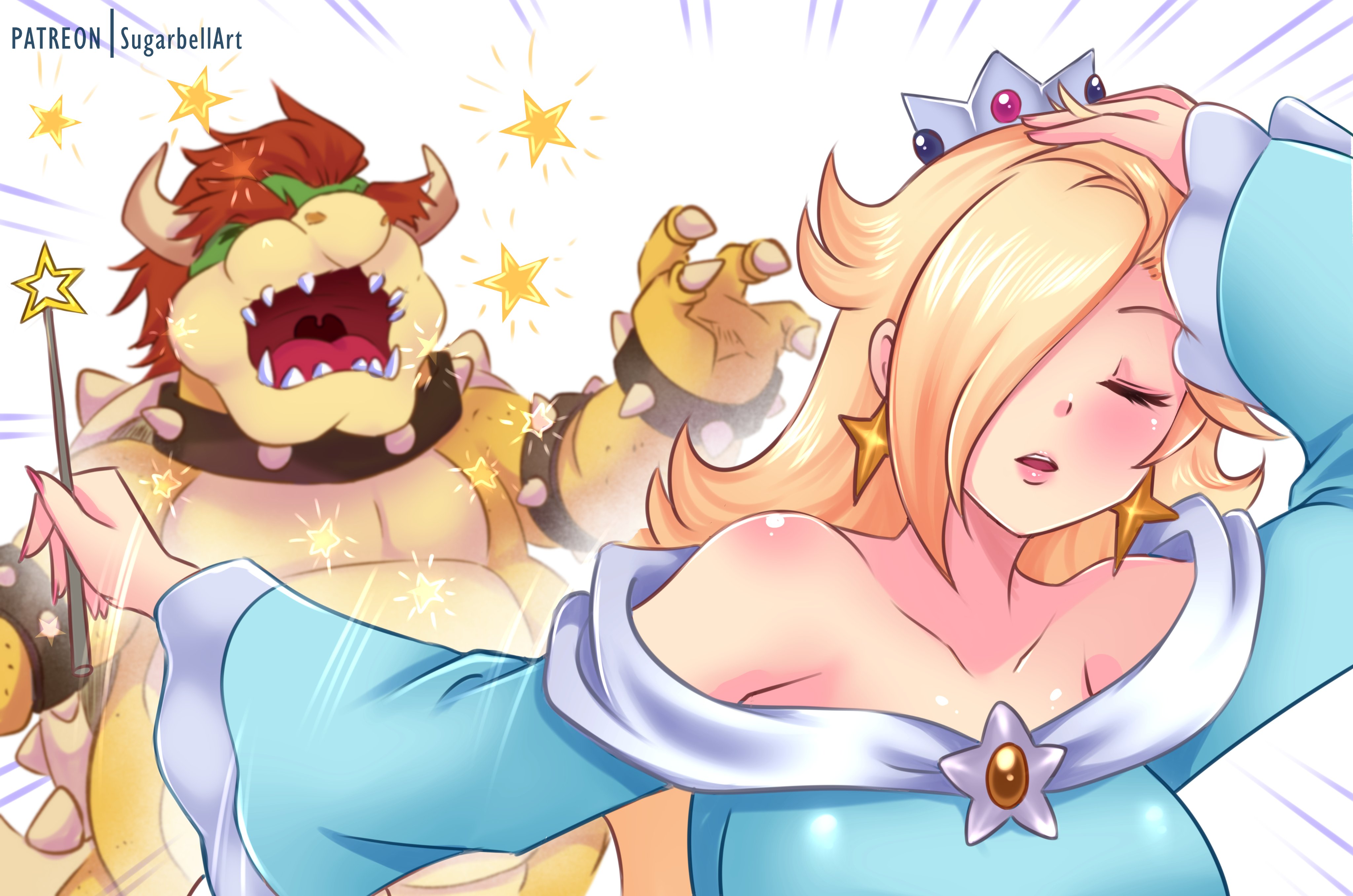 sugarbell, bowser, rosalina, mario (series), nintendo, super mario galaxy, absurdres, commentary, english commentary, highres, 1boy, 1girl, artist name, bare shoulders, blonde hair, blue dress, brooch, claws, closed eyes, collarbone, crown, dress, earrings, hair over one eye, hand on own head, holding, holding wand, jewelry, long hair, long sleeves, meme, naoya hitting choso without looking (meme), off-shoulder dress, off shoulder, open mouth, red hair, sharp teeth, star (symbol), star brooch, star earrings, teeth, upper teeth only, wand