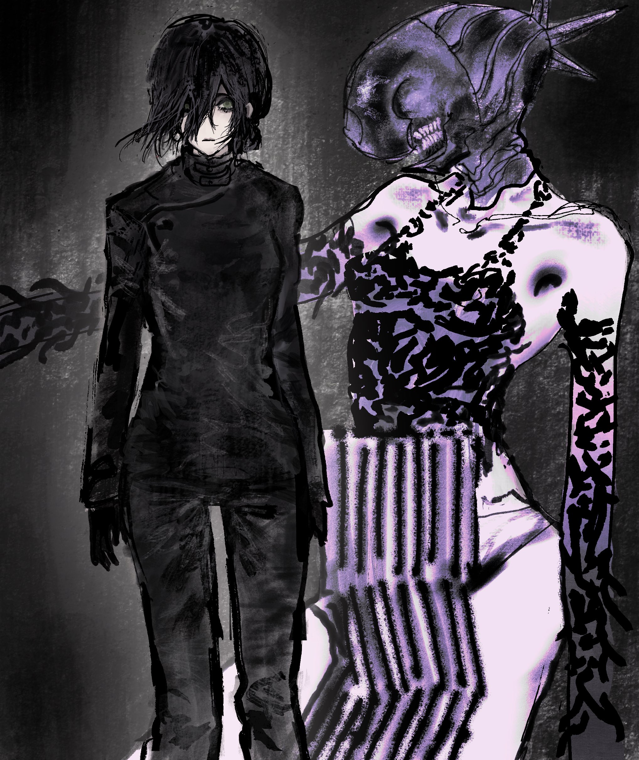 bomb devil (chainsaw man), reze (chainsaw man), chainsaw man, absurdres, highres, 1girl, armpit crease, bare shoulders, black background, black gloves, black jumpsuit, black tank top, collarbone, cowboy shot, dark background, elbow gloves, gloves, gradient background, green eyes, hair between eyes, idmiydoa, jumpsuit, looking at viewer, multiple views, no pants, outstretched arm, panties, short hair, skinny, tank top, teeth, underwear, white panties