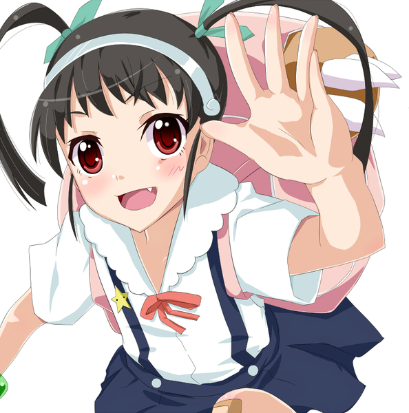 shiratori serano, hachikuji mayoi, bakemonogatari, monogatari (series), bad tag, resized, bag, bandaid, black hair, blush, fang, foreshortening, hairband, open mouth, pixiv thumbnail, red eyes, ribbon, school uniform, skirt, smile, twintails