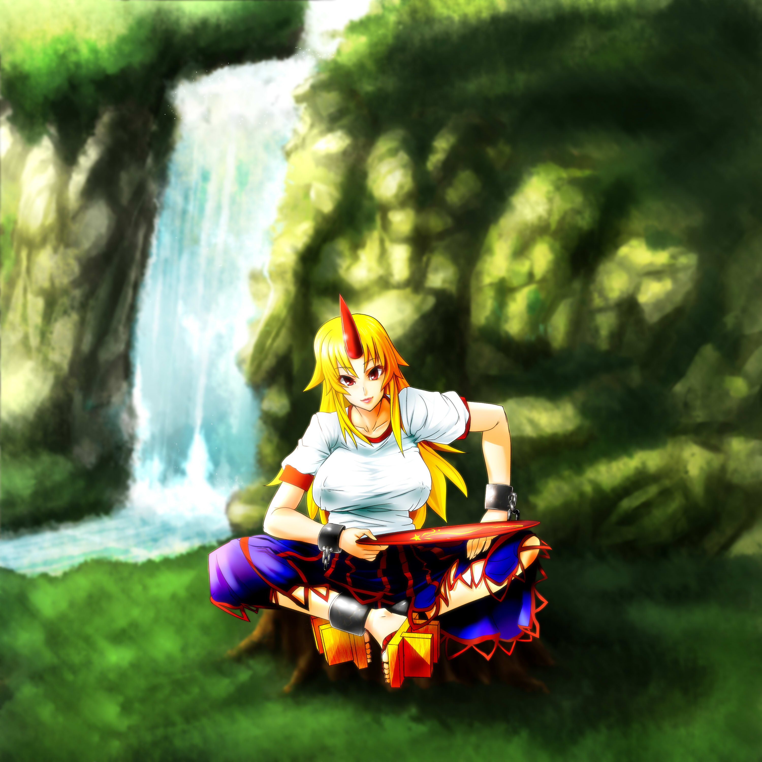 fukkatsu no sorono, sorono wa soro, hoshiguma yuugi, touhou, absurdres, bad id, bad pixiv id, highres, 1girl, barefoot, blonde hair, cuffs, cup, female focus, green theme, holding, horns, lips, long hair, nature, red eyes, sakazuki, short sleeves, single horn, sitting, skirt, smile, solo, water, waterfall