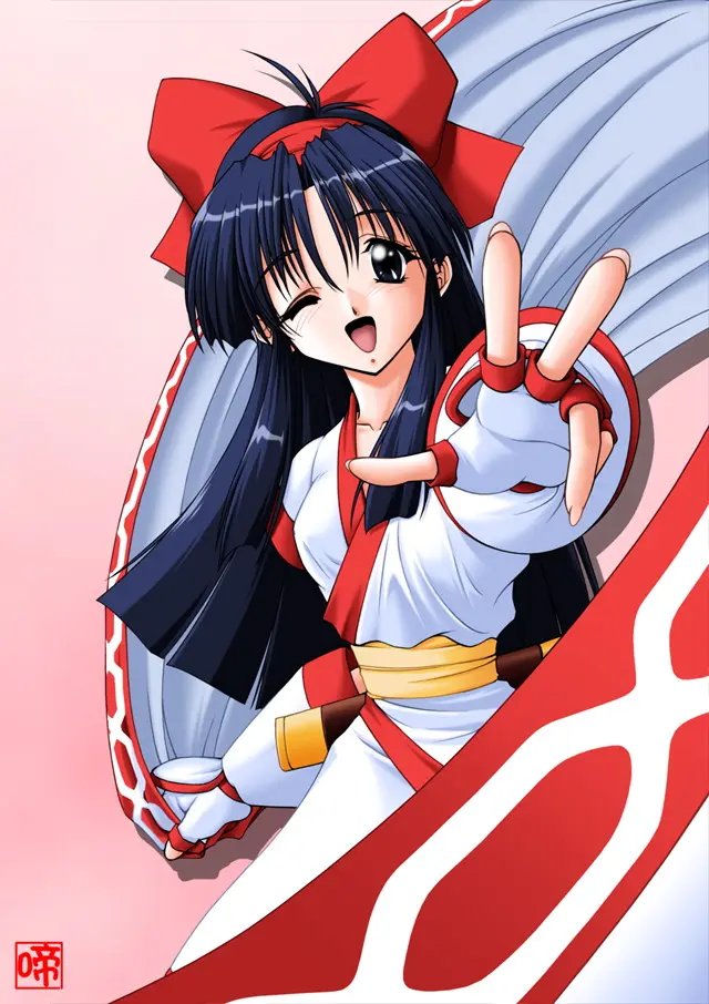 nakoruru, samurai spirits, snk, the king of fighters, source request, 1990s (style), 1girl, ainu clothes, artist name, blue eyes, blue hair, breasts, fingerless gloves, gloves, hair ribbon, legs, long hair, looking at viewer, medium breasts, one eye closed, open mouth, outstretched arm, retro artstyle, ribbon, smile, solo, thighs, tongue, weapon, wink