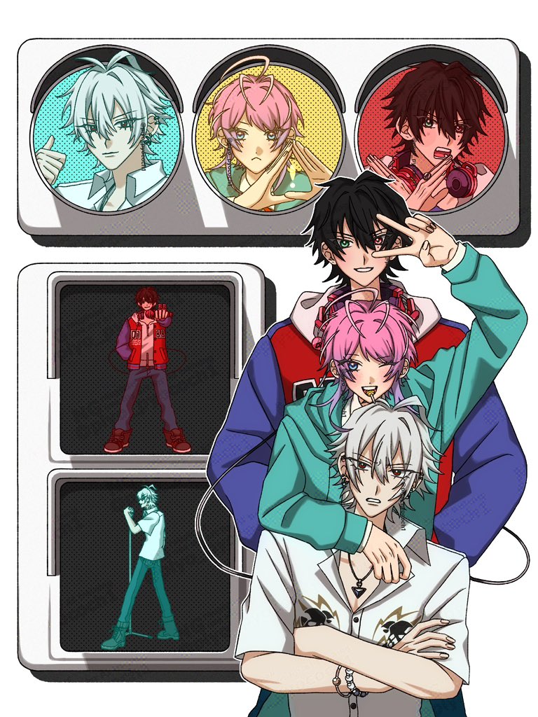 piyo pyococh1, amemura ramuda, aohitsugi samatoki, yamada ichiro, hypnosis mic, commentary, redrawn, symbol-only commentary, 3boys, :<, ;d, ahoge, ankle boots, antenna hair, aqua coat, arm around neck, arm up, badge, bead bracelet, beads, behind another, ben-day dots, black hair, blue eyes, blue jacket, blush, boots, bracelet, button badge, captive bead ring, chin rest, choppy bangs, coat, collarbone, collared shirt, colored eyelashes, cowlick, crossed arms, denim, dot nose, ear piercing, earrings, film grain, fingernails, full body, furrowed brow, gradient hair, green eyes, grin, group picture, hair between eyes, hand up, hands in pockets, hands up, head on head, head rest, headphones, headphones around neck, heterochromia, holding, holding microphone, hood, hood down, hooded coat, hoodie, hypnosis microphone, jacket, jacket over hoodie, jeans, jewelry, letterman jacket, light smile, lollipop in mouth, long sleeves, looking at viewer, male focus, microphone, microphone stand, mole, mole under eye, mouth hold, multicolored hair, multicolored jacket, multiple boys, multiple bracelets, multiple piercings, multiple views, one eye closed, open clothes, open jacket, open mouth, outline, outstretched arm, pants, pants tucked in, parted bangs, partially unbuttoned, peanut mouth, piercing, piercing hole, pink hair, portrait, purple hair, rectangular mouth, red eyes, red jacket, ring, screentones, shirt, shoes, short hair, short hair with long locks, short sleeves, simple background, skull print, smile, sneakers, standing, straight-on, thumbs up, triangle hands, triangle necklace, twitter username, two-tone jacket, v, v-shaped eyebrows, v over eye, watermark, watermark grid, white background, white hair, white hoodie, white outline, white shirt