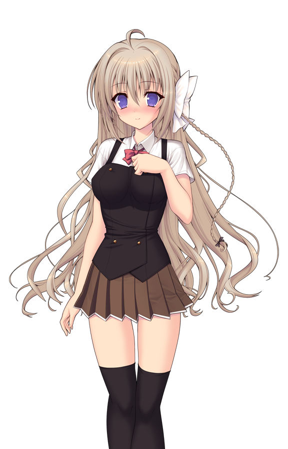 yuugure pairo, sacred noire, yuuki setsu, genseishinki sacred virth, game cg, large variant set, non-web source, official art, variant set, 1girl, ahoge, black thighhighs, blue eyes, blush, bow, bowtie, braid, breasts, brown skirt, hair bow, hand on own chest, long hair, looking at viewer, magical girl, medium breasts, miniskirt, nose blush, pleated skirt, purple eyes, school uniform, shirt, short sleeves, side braid, single braid, skirt, solo, standing, thighhighs, transparent background, very long hair, vest, white bow, white shirt, zettai ryouiki