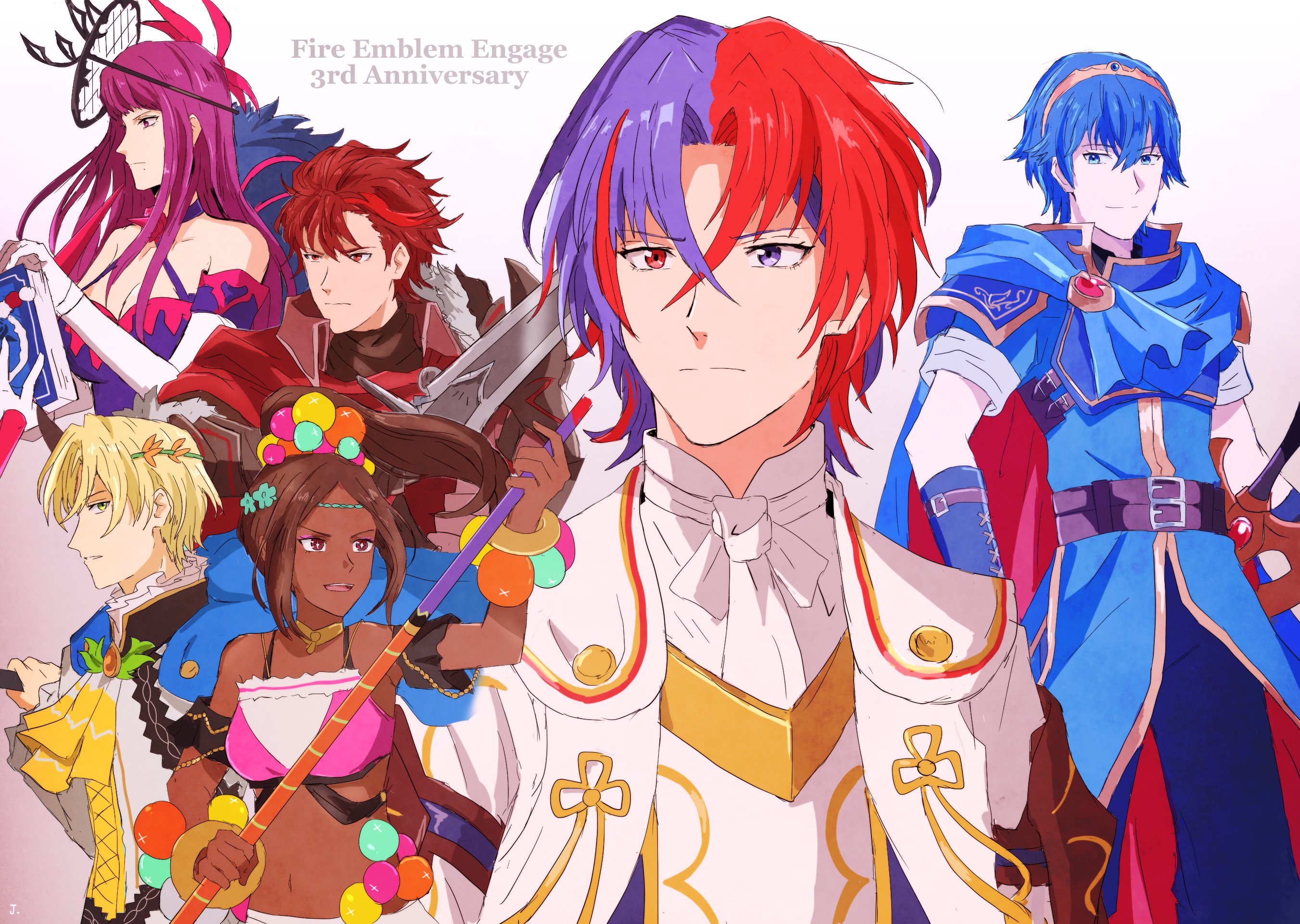 jupiter (042073), alfred (fire emblem), diamant (fire emblem), ivy (fire emblem), male alear (fire emblem), marth (fire emblem), timerra (fire emblem), fire emblem, fire emblem engage, nintendo, commentary request, highres, anniversary, blonde hair, blue eyes, blue hair, crossed bangs, dark-skinned female, dark skin, hair between eyes, heterochromia, looking at viewer, multicolored hair, pearl belt, pearl hair ornament, prince, princess, purple hair, red eyes, red hair, split-color hair, two-tone hair, very dark skin