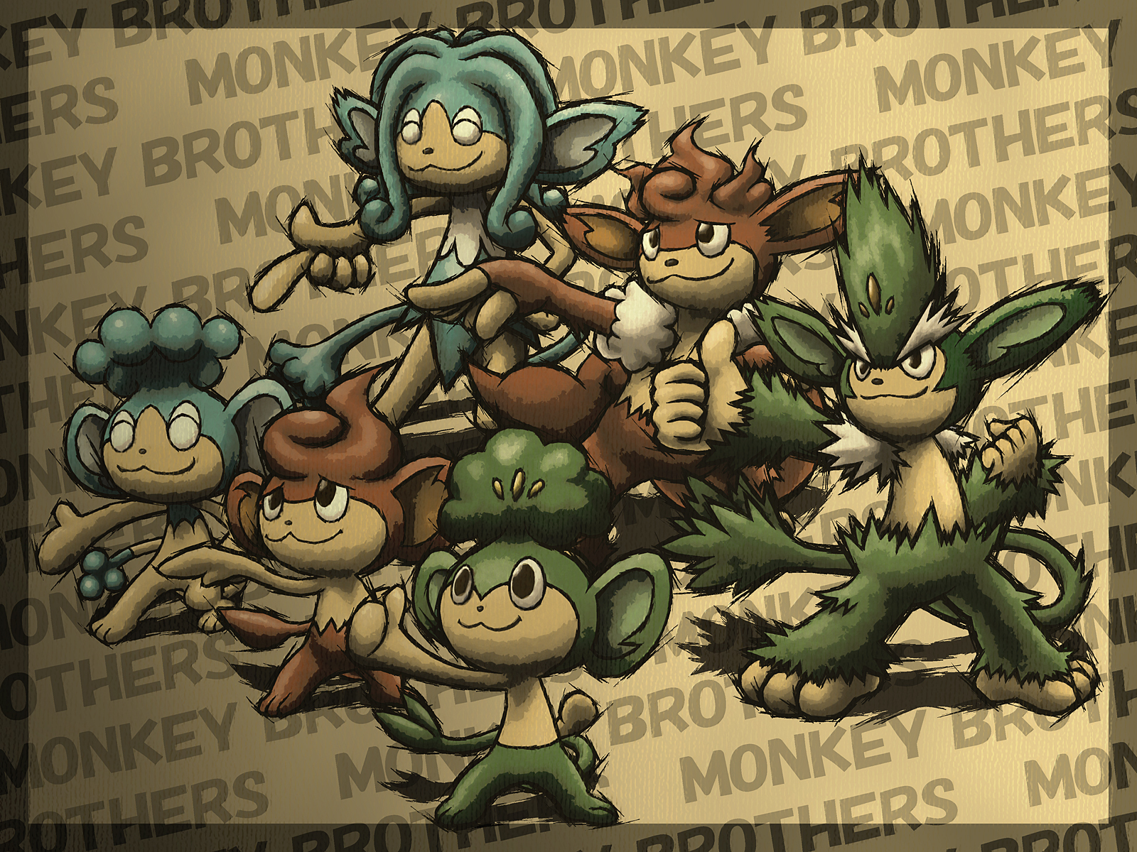 kajimaru (untindo), panpour, pansage, pansear, simipour, simisage, simisear, nintendo, pokemon, commentary request, highres, :3, border, closed eyes, closed mouth, english text, gen 5 pokemon, pokemon (creature), pokemon focus, smile, standing, thumbs up