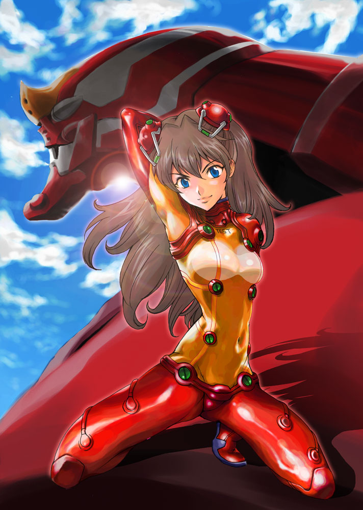 taguchi shigeo, eva 02, souryuu asuka langley, evangelion: 2.0 you can (not) advance, neon genesis evangelion, rebuild of evangelion, 00s, 1girl, armpits, blue eyes, blue sky, bodysuit, brown hair, lens flare, lips, long hair, mecha pilot suit, plugsuit (evangelion), red bodysuit, see-through bodysuit, see-through clothes, shiny clothes, sky, test plugsuit (evangelion), very long hair, wide hips
