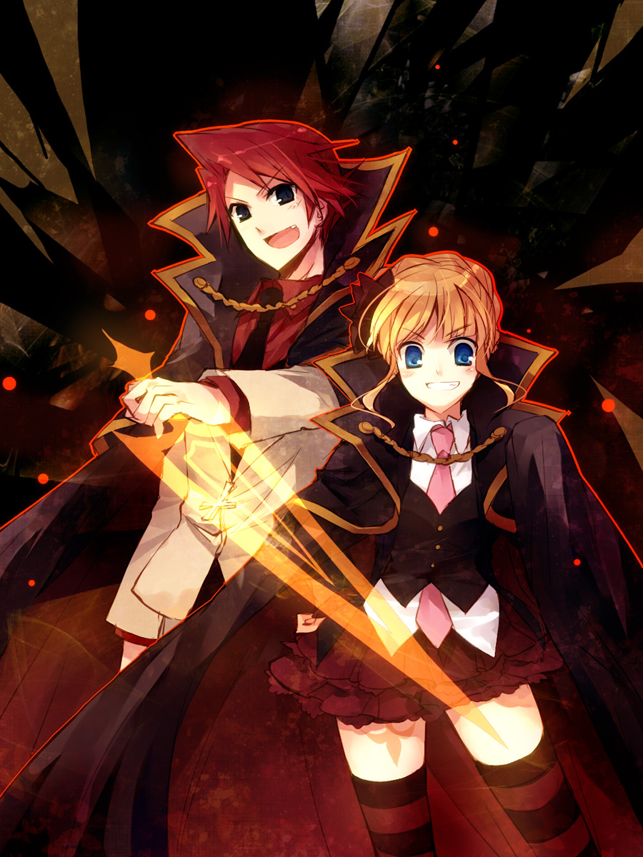 suzushiro kurumi, beatrice (umineko), ushiromiya battler, umineko no naku koro ni, highres, 1boy, 1girl, blonde hair, blue eyes, cape, fang, flower, hair flower, hair ornament, necktie, pink necktie, pleated skirt, red hair, rose, skirt, striped clothes, striped thighhighs, thighhighs, zettai ryouiki