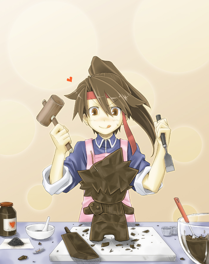 yuki tokito, yuuki tokito, cloud strife, jessie rasberry, final fantasy, final fantasy vii, >:), 1990s (style), 1girl, :d, :q, apron, baking, blush, bomb, bottle, bowl, brown eyes, brown hair, buster sword, carving, chisel, chocolate, closed mouth, explosive, female focus, fuse, glass, glass bowl, gunpowder, hammer, hands up, happy, headband, heart, high ponytail, holding, holding hammer, holding mallet, long hair, looking down, mallet, matching hair/eyes, open mouth, pink apron, ponytail, powder, propellant, red headband, retro artstyle, sculpting, sculpture, shirt, smile, solo, standing, sword, tongue, tongue out, upper body, v-shaped eyebrows, valentine, weapon
