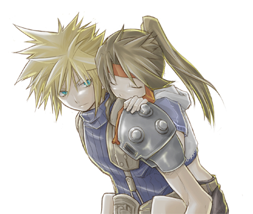 nukomiso, cloud strife, jessie rasberry, final fantasy, final fantasy vii, lowres, 1990s (style), 1boy, 1girl, aqua eyes, armor, belt, blonde hair, brown hair, carrying, closed eyes, closed mouth, couple, green eyes, hand on another's shoulder, headband, hetero, high ponytail, hood, hoodie, long hair, looking at another, looking back, midriff, on person, pauldrons, piggyback, ponytail, red headband, retro artstyle, shirt, short hair, short sleeves, shorts, shoulder armor, shoulder pads, sleeveless, sleeveless turtleneck, spiked hair, suspenders, turtleneck, upper body, walking