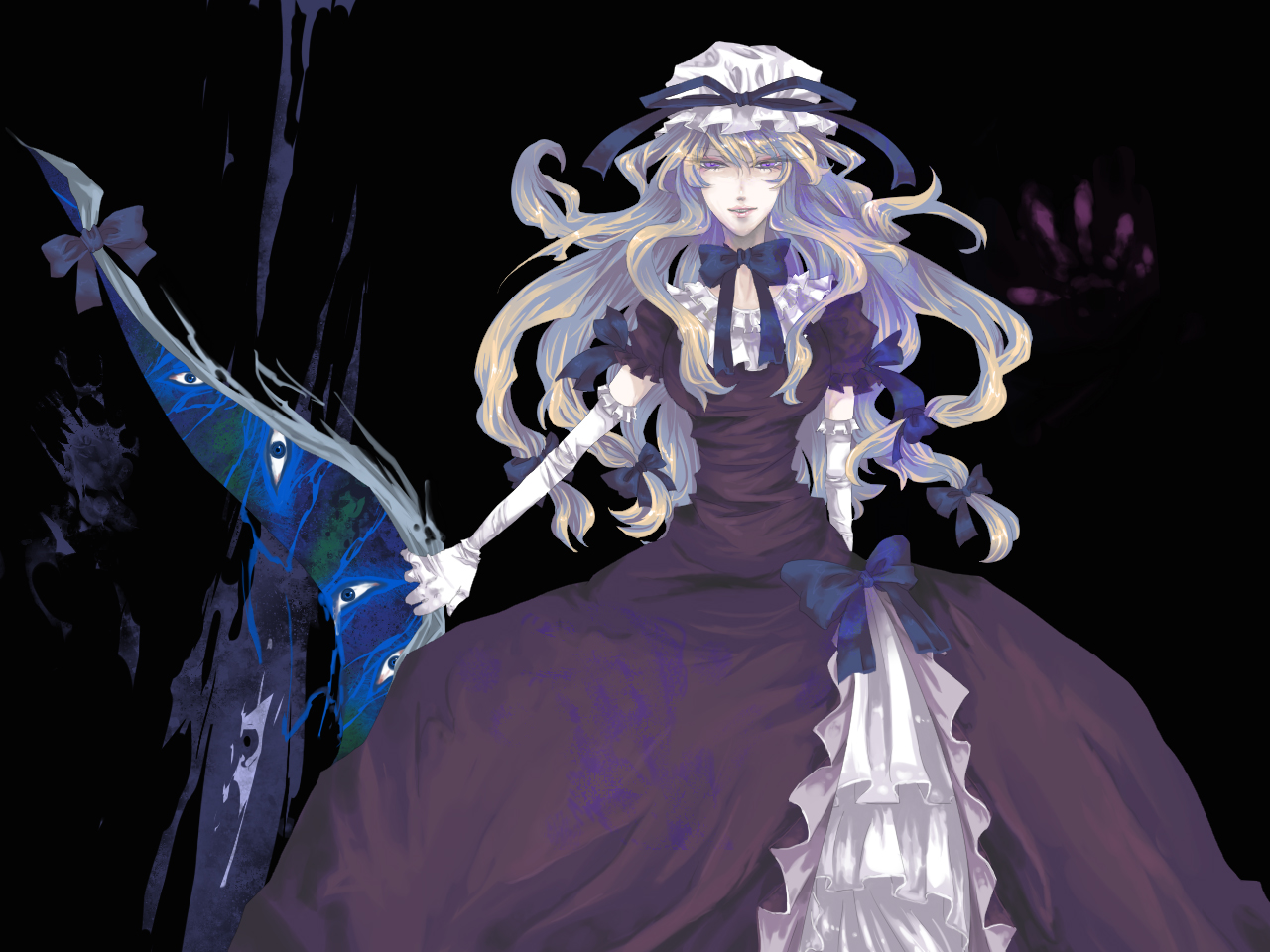 saegome, yakumo yukari, touhou, bad id, bad pixiv id, 1girl, black eyes, black theme, blonde hair, choker, dark, dress, elbow gloves, female focus, frills, gap (touhou), gloves, hat, hat ribbon, lips, long hair, purple eyes, ribbon, ribbon choker, short sleeves, smile, solo, white gloves