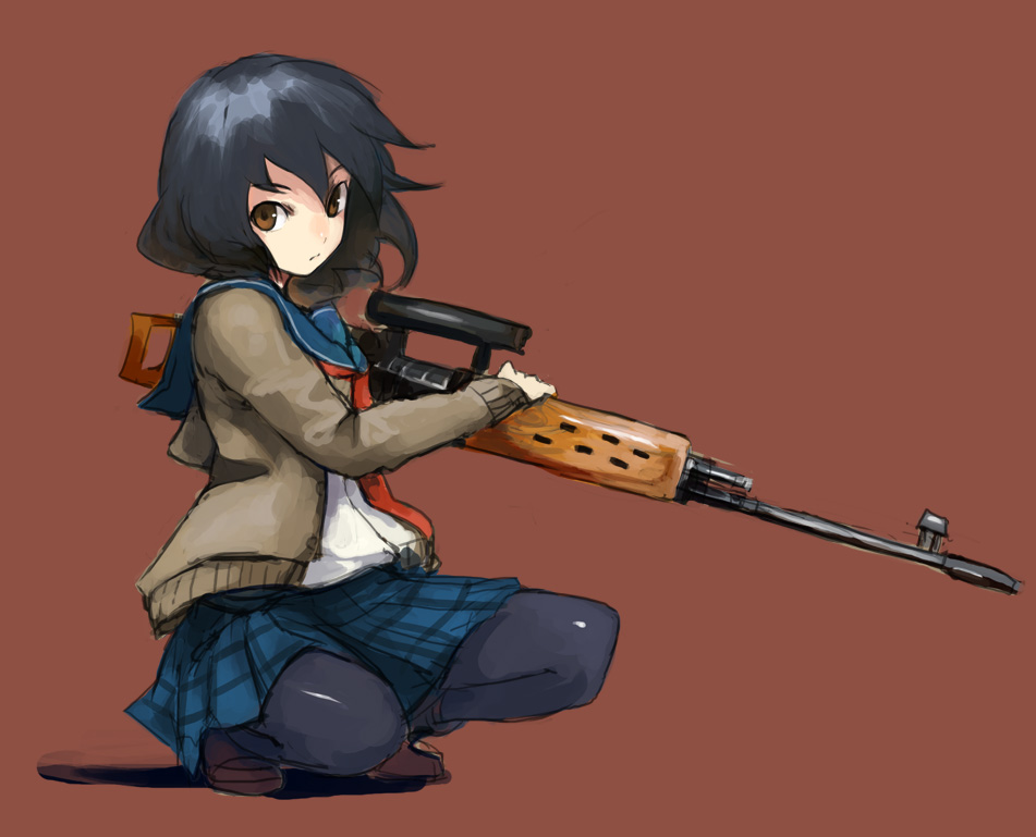 kasa (hitori sanka), original, black hair, brown eyes, cardigan, dragunov svd, gun, left-handed, muzzle device, pantyhose, plaid clothes, plaid skirt, rifle, school uniform, scope, serafuku, short hair, simple background, skirt, sniper rifle, solo, squatting, thighhighs, thumbhole stock, weapon