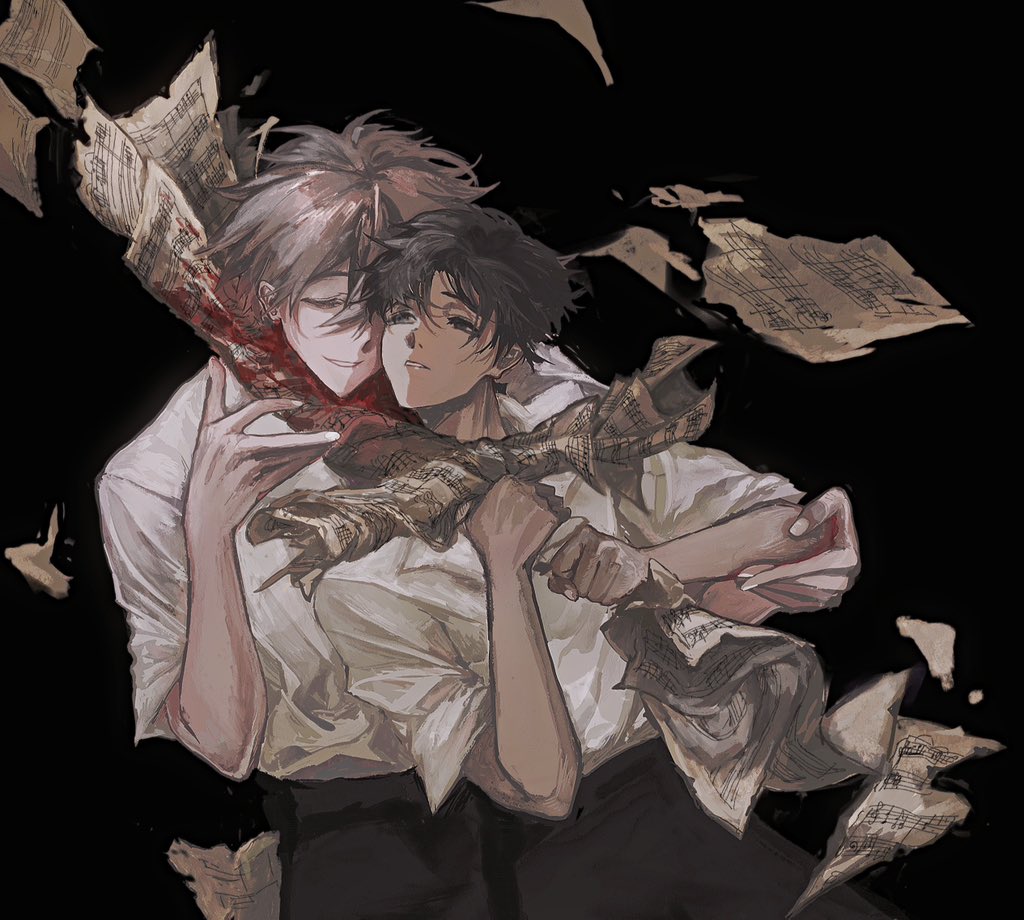 zhiwukafuka, ikari shinji, nagisa kaworu, neon genesis evangelion, hashtag-only commentary, 2boys, black background, black pants, blood, blood on paper, brown hair, closed eyes, closed mouth, collared shirt, front-to-back, grey hair, hand on another's arm, hand on own elbow, looking at another, male focus, multiple boys, pants, paper sword, parted lips, sheet music, shirt, short hair, simple background, standing, teeth, torn paper, white shirt