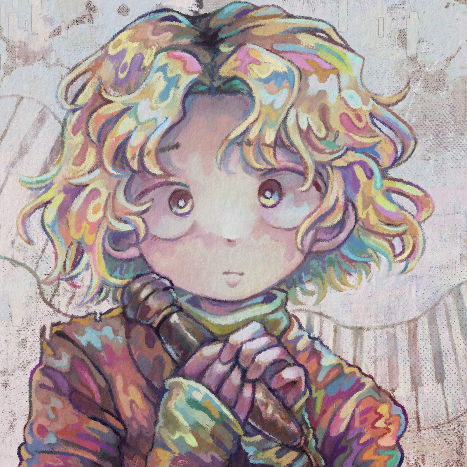 lakuta, vocaloid, commentary, english commentary, highres, 1boy, blonde hair, bright pupils, brown eyes, brown shirt, green shirt, holding, holding microphone, hue shifting, jewelry, layered shirt, looking at viewer, male focus, microphone, painterly, piano keys, po-uta, portrait, shirt, short hair, solo, wavy hair, white pupils, wide-eyed