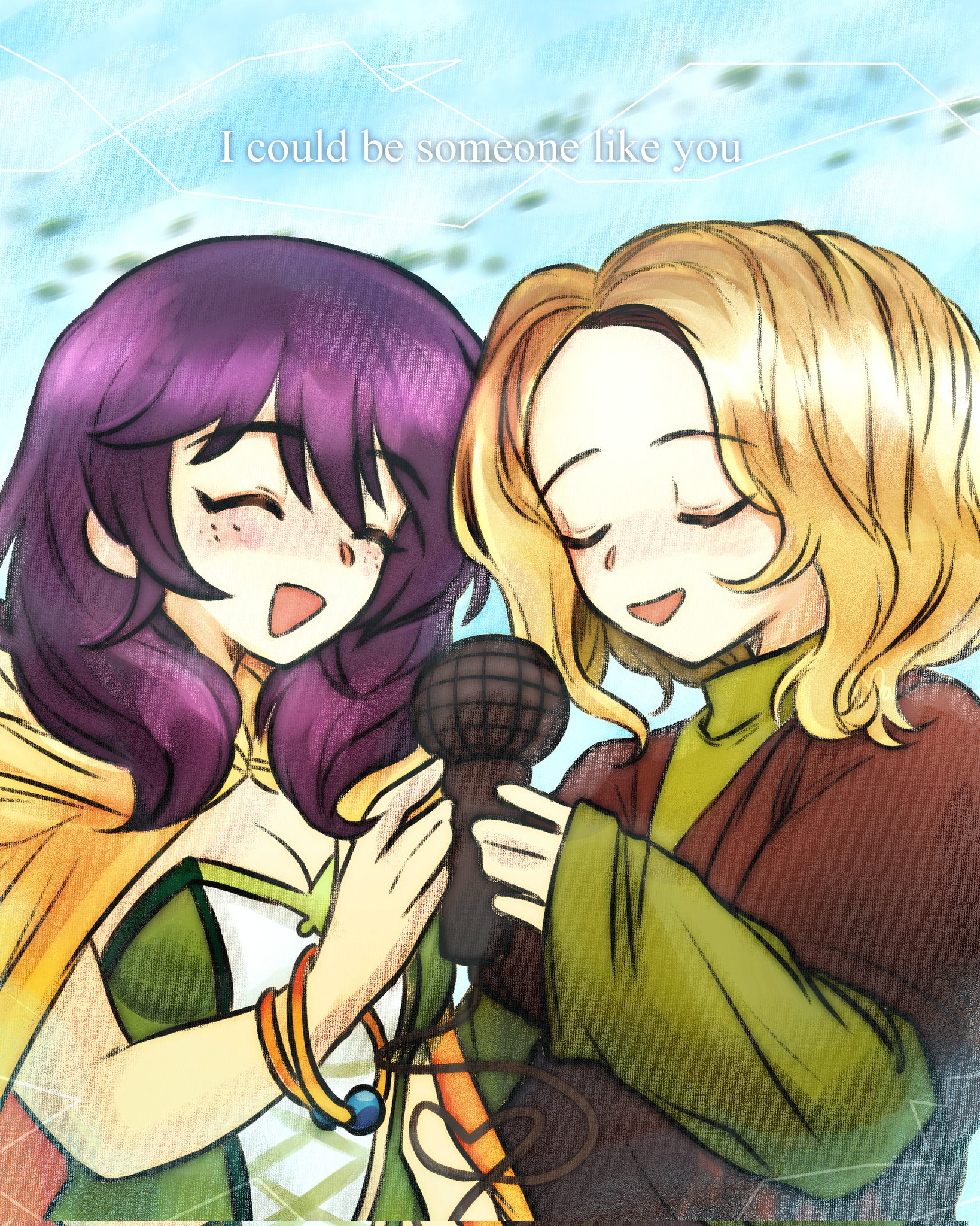 nyapurrlitan, avanna, porter robinson (copyright), vocaloid, commentary, corrupted twitter file, english commentary, highres, 1boy, 1girl, ^ ^, blonde hair, blush, bracelet, breasts, brown shirt, cable, cape, cleavage, closed eyes, dress, english text, freckles, green dress, green shirt, heart, holding, holding microphone, humansongs (vocaloid), jewelry, layered shirt, long sleeves, medium breasts, medium hair, microphone, music, open mouth, po-uta, purple hair, shirt, short hair, singing, strapless, strapless dress, u u, upper body, wavy hair, yellow cape