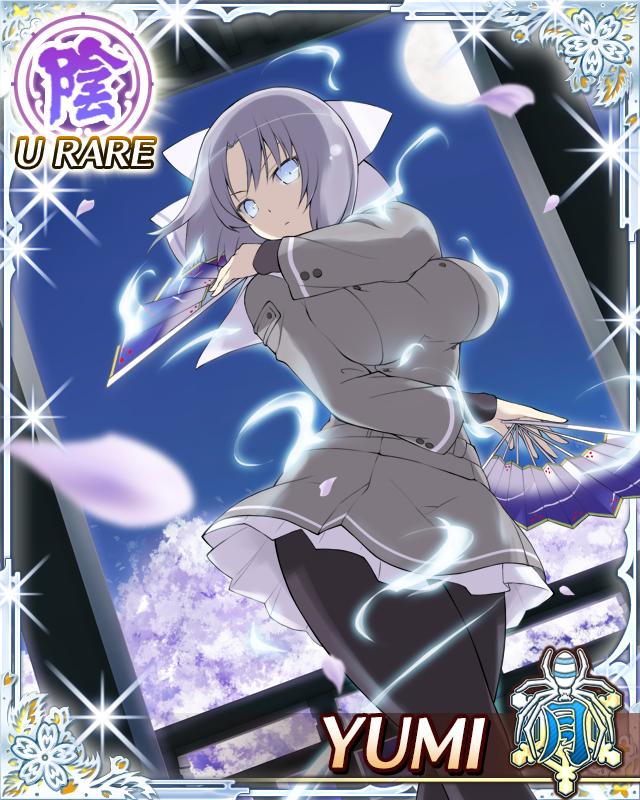 yumi (senran kagura), senran kagura, senran kagura new wave, game cg, official art, third-party source, 1girl, arm across waist, arm up, aura, black pantyhose, blue eyes, border, bow, breasts, card (medium), character name, closed mouth, dancing, full moon, gessen academy school uniform, grey hair, grey jacket, grey skirt, hair bow, hand fan, holding, holding fan, jacket, large breasts, light smile, long sleeves, looking at viewer, medium hair, moon, night, pantyhose, petals, purple petals, sailor collar, school uniform, skirt, solo, striped bow, white bow, white sailor collar
