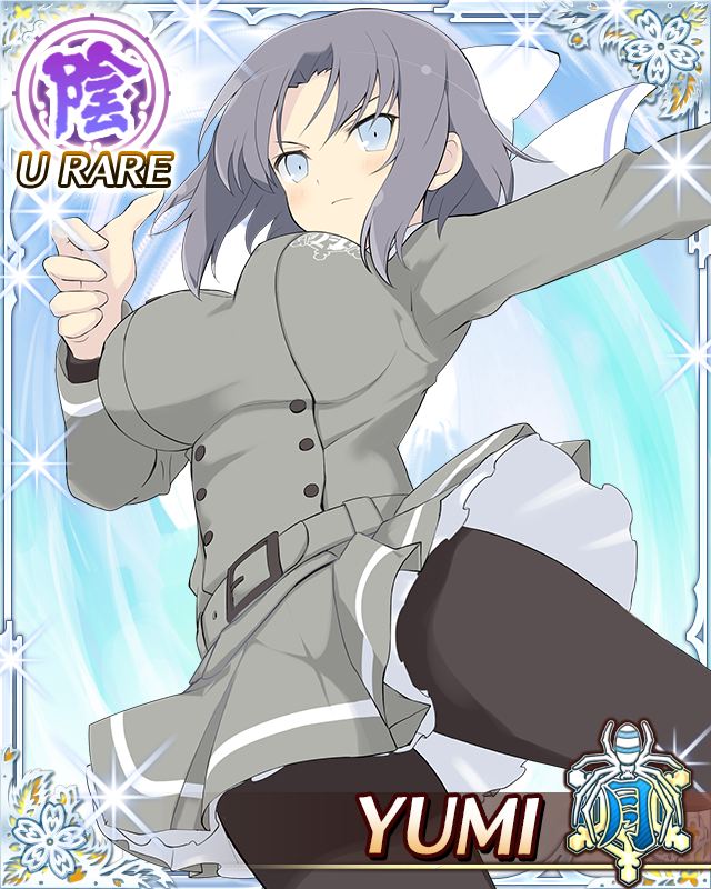 yumi (senran kagura), senran kagura, senran kagura new wave, game cg, official art, third-party source, 1girl, black pantyhose, blue eyes, border, bow, breasts, card (medium), character name, closed mouth, frown, gessen academy school uniform, grey hair, grey jacket, grey skirt, hair bow, jacket, large breasts, long sleeves, looking at viewer, medium hair, midair, pantyhose, sailor collar, school uniform, skirt, solo, striped bow, white bow, white sailor collar
