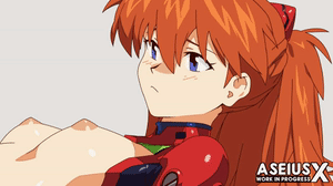 aseiusx, souryuu asuka langley, neon genesis evangelion, animated, animated gif, tagme, blue eyes, blush, bodysuit, breasts, jiggle, long hair, looking at viewer, open mouth, red hair, simple background, small breasts, topless female, upper body, white background
