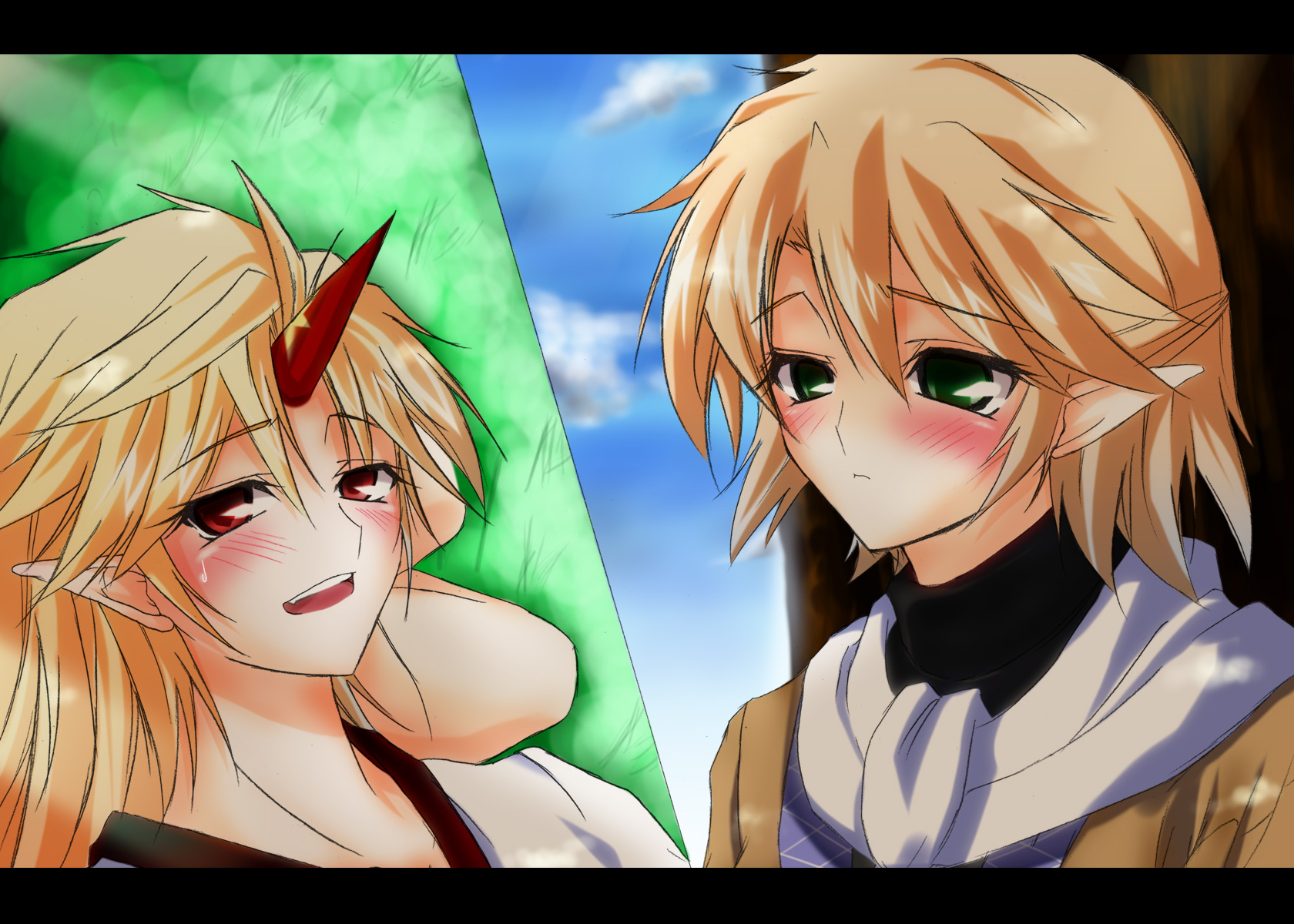 hazuki kasane, hoshiguma yuugi, mizuhashi parsee, touhou, highres, 2girls, blonde hair, blush, closed eyes, female focus, horns, kneeling, letterboxed, lying, multiple girls, open mouth, pointy ears, single horn, split screen, tears