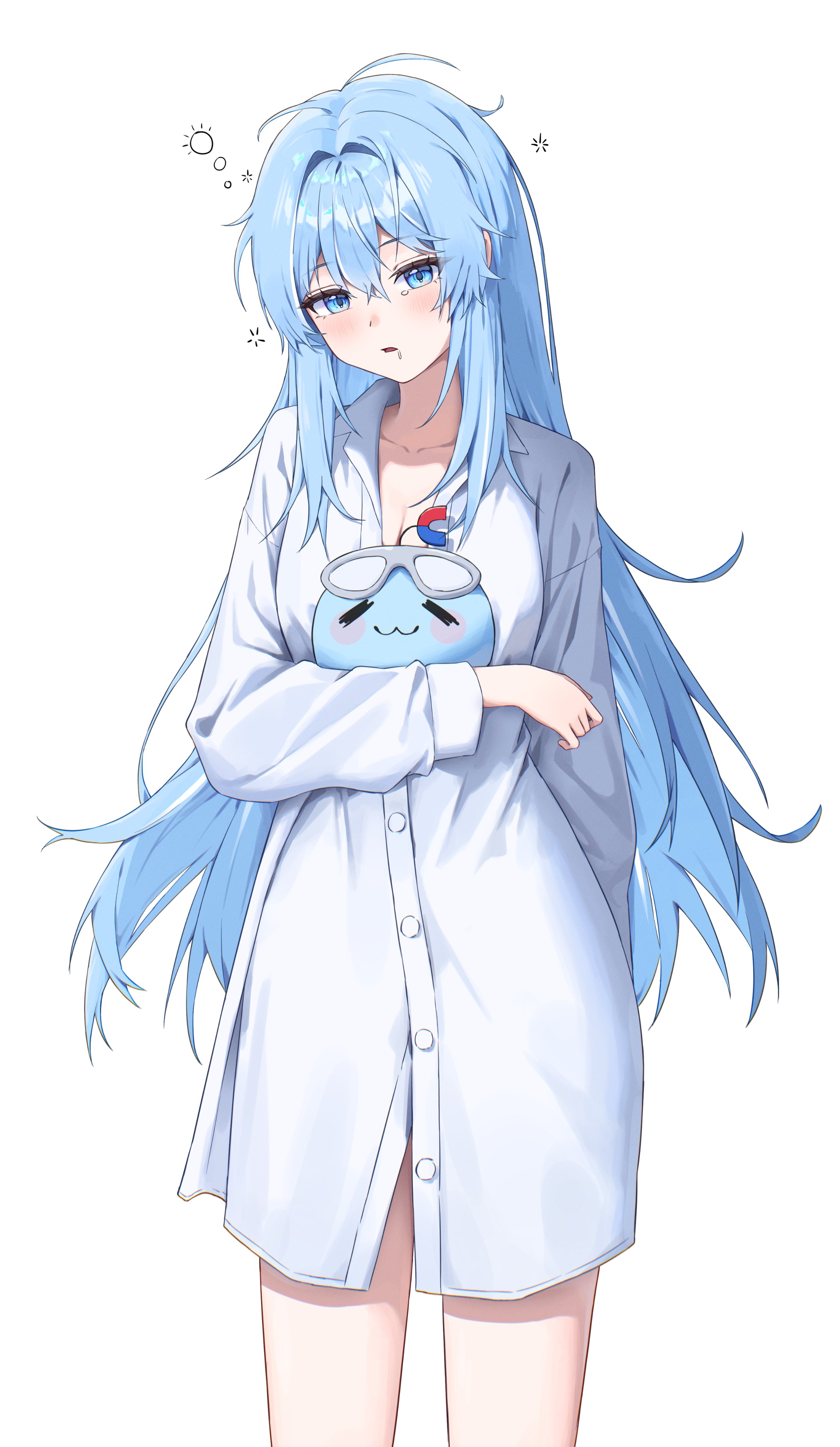 arahashi tabi, pungdangi (arahashi tabi), stellive, absurdres, commentary request, highres, korean commentary, 1girl, arm at side, blue eyes, blue hair, breasts, cleavage, cowboy shot, double-parted bangs, hair between eyes, hair intakes, long bangs, long hair, long sleeves, looking at viewer, mwik, no pants, parted lips, shirt, simple background, sleepwear, solo, squeans, standing, very long hair, virtual youtuber, waking up, white background, white shirt