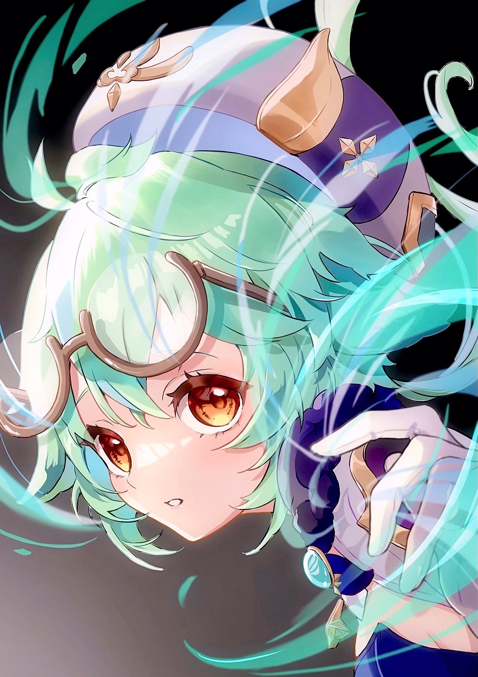saeki pisuko, sucrose (genshin impact), genshin impact, commentary request, highres, 1girl, aerokinesis, animal ears, breasts, eyewear on head, gloves, green hair, hair between eyes, hat, hat loss, long hair, looking at viewer, parted lips, ponytail, semi-rimless eyewear, sideboob, small breasts, solo, upper body, vision (genshin impact), white gloves, wind, wind lift, yellow eyes