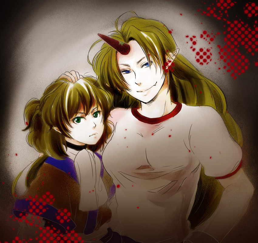 k kino, hoshiguma yuugi, mizuhashi parsee, touhou, bad id, bad pixiv id, 2girls, blonde hair, blue eyes, fang, female focus, green eyes, hand on another's head, horns, lips, long hair, multiple girls, pointy ears, short hair, short sleeves, single horn, smile