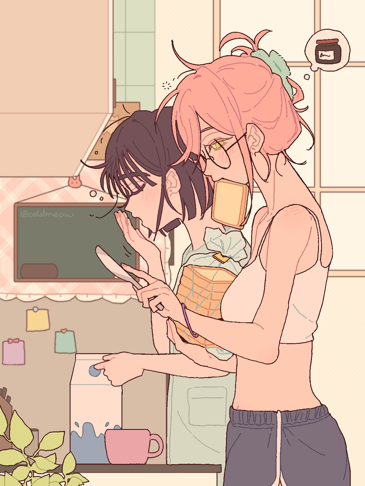 coldmeow, mizi (alien stage), sua (alien stage), alien stage, commentary, highres, symbol-only commentary, 2girls, bag, bob cut, bread, bread slice, camisole, choppy bangs, closed eyes, crop top, cup, dolphin shorts, drink carton, food, food in mouth, from side, green shirt, grey shorts, hair bun, holding, holding bag, holding knife, indoors, knife, loaf of bread, milk carton, morning, motion lines, mug, multiple girls, pink hair, plastic bag, profile, purple hair, shirt, short hair, shorts, single hair bun, slice of life, speech bubble, spoken object, squeans, thought bubble, waking up, white camisole, yawning, yellow eyes