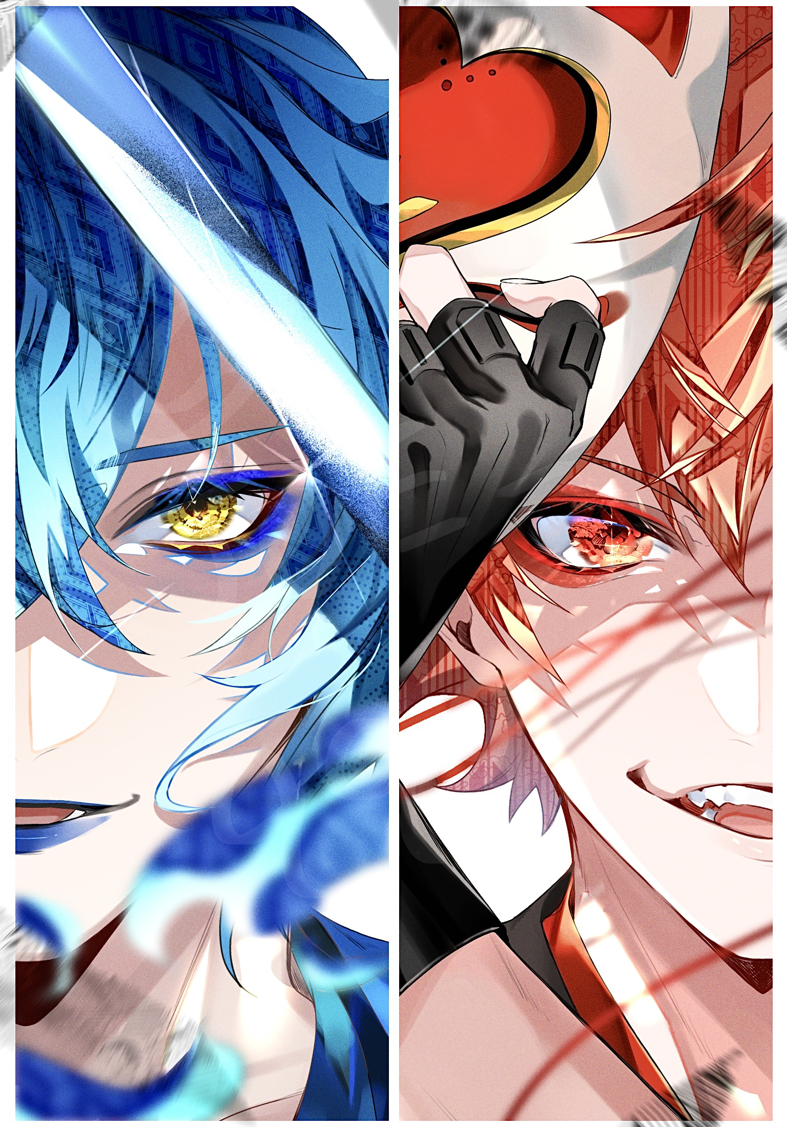 joe 999, ace trappola, idia shroud, twisted wonderland, commentary request, highres, 2boys, ace trappola (new year's attire), black gloves, blue eyeshadow, blue hair, blue lips, blurry, border, colored eyelashes, crossed bangs, depth of field, eyeliner, eyeshadow, fangs, film grain, fingerless gloves, fingernails, fox mask, gloves, grin, hair between eyes, hand up, holding, holding mask, idia shroud (new year's attire), japanese clothes, katana, kimono, looking at viewer, makeup, male focus, mask, multiple boys, open mouth, orange hair, pale skin, patterned hair, portrait, red eyeliner, red eyes, red eyeshadow, short hair, smile, split screen, straight-on, sword, unworn mask, wavy hair, weapon, white background, white border, yellow eyes