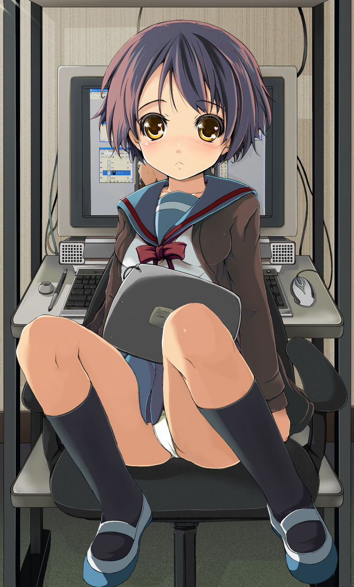 sahare, nagato yuki, suzumiya haruhi no yuuutsu, bad id, bad pixiv id, third-party edit, 1girl, blush, cardigan, computer, computer keyboard, computer mouse, drawing tablet, female focus, monitor, panties, pantyshot, recursion, school uniform, serafuku, shoes, socks, solo, underwear, uwabaki