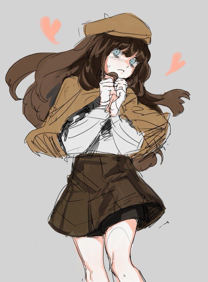 danganronpa (series), danganronpa another, super danganronpa another 2, artist request, source request, third-party source, 1girl, bare legs, beret, blue eyes, blush, brown capelet, brown hair, brown hat, brown skirt, capelet, clenched hands, closed mouth, cowboy shot, frown, grey background, hat, heart, high-waist skirt, knees, long hair, long sleeves, miniskirt, nijiue iroha, pleated skirt, puffy long sleeves, puffy sleeves, sad, shirt, simple background, sketch, skirt, solo, standing, sweatdrop, wavy hair, white shirt