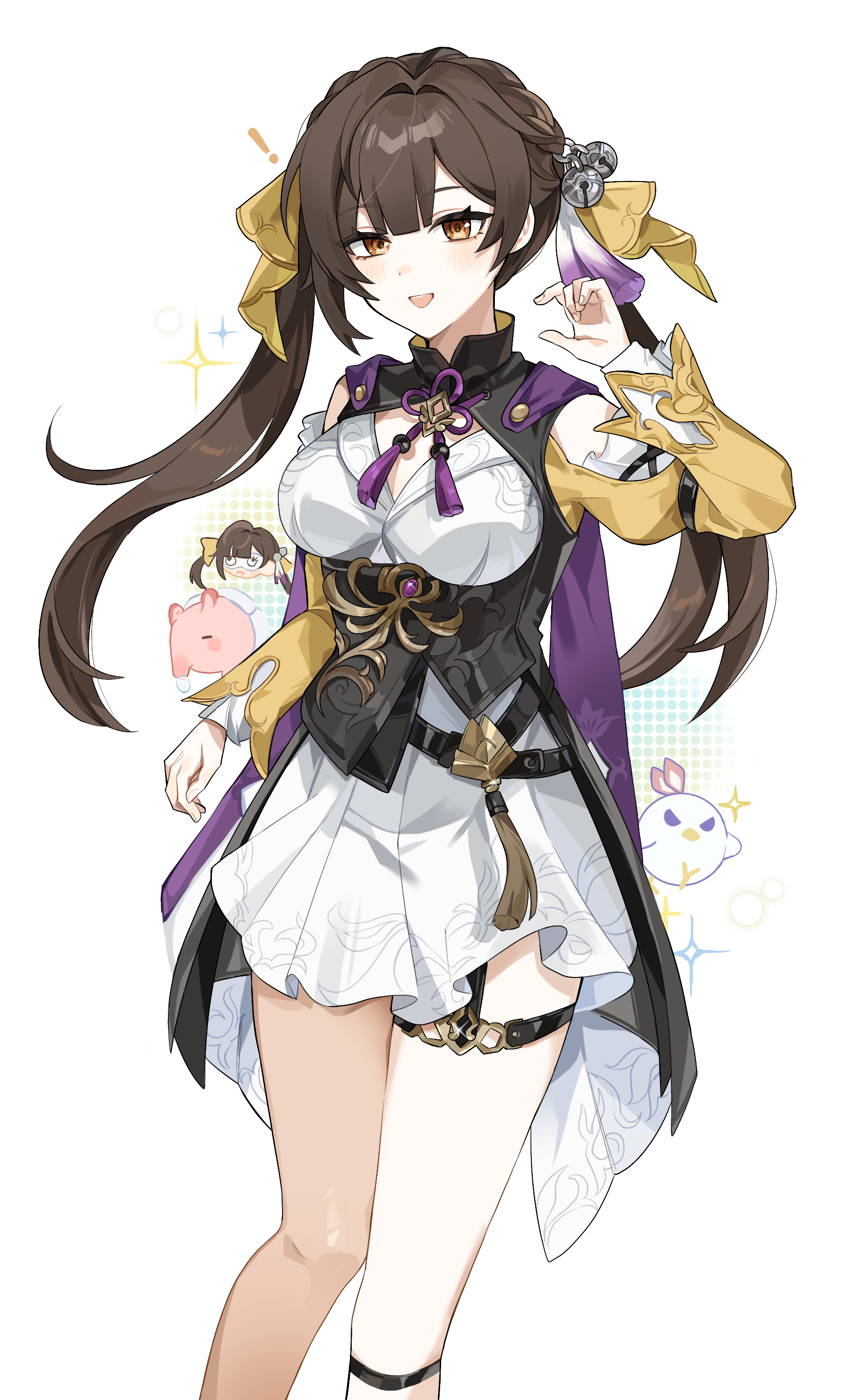 umiinu (umi inu11), sushang (honkai: star rail), honkai: star rail, honkai (series), absurdres, commentary request, highres, 1girl, bell, black dress, blush, breasts, brown hair, dress, feet out of frame, garter straps, hair bell, hair ornament, large breasts, looking at viewer, open mouth, simple background, skirt, solo, twintails, white background, white skirt, yellow eyes