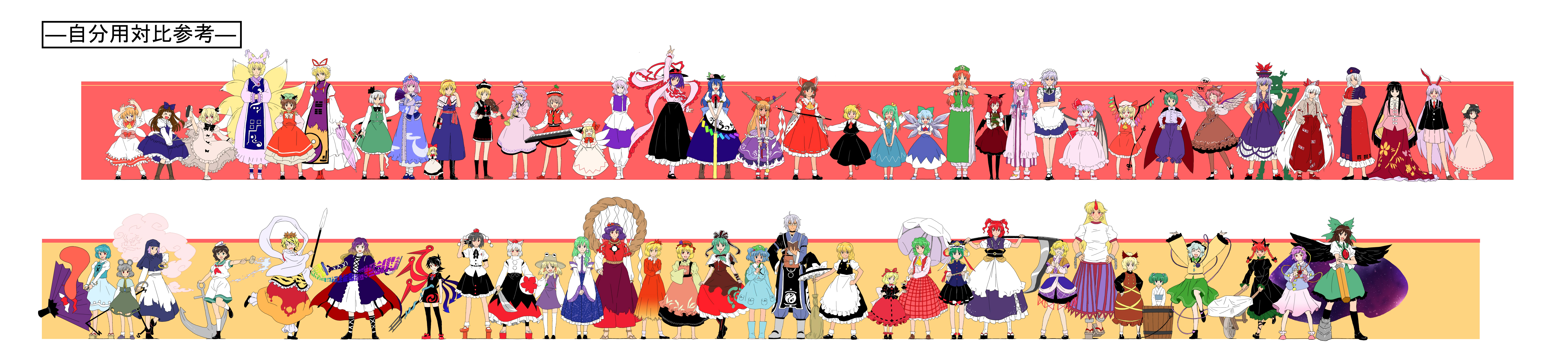 ikuya koimori, aki minoriko, aki shizuha, alice margatroid, chen, cirno, daiyousei, ex-keine, flandre scarlet, fujiwara no mokou, hakurei reimu, hijiri byakuren, hinanawi tenshi, hong meiling, hoshiguma yuugi, houjuu nue, houraisan kaguya, ibuki suika, inaba tewi, inubashiri momiji, izayoi sakuya, kaenbyou rin, kagiyama hina, kamishirasawa keine, kawashiro nitori, kazami yuuka, kirisame marisa, kisume, koakuma, kochiya sanae, komeiji koishi, komeiji satori, konpaku youmu, konpaku youmu (ghost), kumoi ichirin, kurodani yamame, letty whiterock, lily white, luna child, lunasa prismriver, lyrica prismriver, medicine melancholy, merlin prismriver, mizuhashi parsee, morichika rinnosuke, moriya suwako, murasa minamitsu, mystia lorelei, nagae iku, nazrin, onozuka komachi, patchouli knowledge, reisen udongein inaba, reiuji utsuho, remilia scarlet, rumia, saigyouji yuyuko, shameimaru aya, shanghai doll, shiki eiki, star sapphire, su-san, sunny milk, tatara kogasa, toramaru shou, unzan, wriggle nightbug, yagokoro eirin, yakumo ran, yakumo yukari, yasaka kanako, touhou, absurdres, bad id, bad pixiv id, highres, long image, wide image, 6+girls, blonde hair, everyone, height chart, heterochromia, horns, multiple girls, red eyes, single horn, sorcerer's sutra scroll, two side up, umbrella