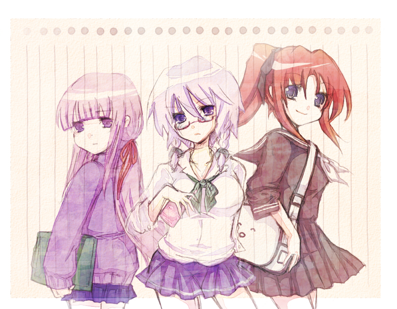 sanotsuki, hong meiling, izayoi sakuya, patchouli knowledge, touhou, silver hair, bad id, bad pixiv id, 3girls, alternate costume, alternate hairstyle, bespectacled, blue eyes, braid, contemporary, female focus, glasses, long hair, multiple girls, ponytail, purple eyes, purple hair, red hair, school uniform, short hair, sweater, twin braids
