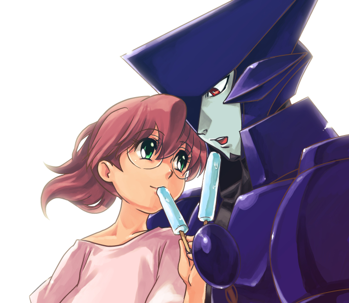 tabasai, asagi marin, melan blue, brigadoon, 00s, brown hair, glasses, green eyes, mecha, red eyes, robot