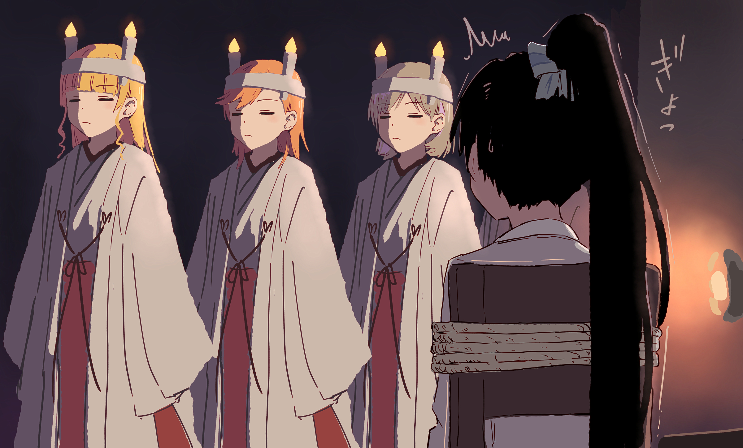 yukitake (bullfalk), hazuki ren, heanna sumire, shibuya kanon, tang keke, love live!, love live! superstar!!, commentary request, highres, translation request, 4girls, = =, ^^^, black hair, blonde hair, blunt bangs, bound, bow, candle, candle on head, chair, chihaya (clothing), closed eyes, closed mouth, coat, cosplay, frown, grey hair, hair bow, hakama, hakama skirt, headband, heanna sumire (cosplay), high ponytail, jacket, japanese clothes, kimono, kosode, long hair, long sleeves, medium hair, miko, multiple girls, on chair, orange hair, ponytail, red hakama, school uniform, short hair, sidelocks, sitting, skirt, sleeves past fingers, sleeves past wrists, sound effects, sweatdrop, tied up (nonsexual), ushi no koku mairi, white bow, white coat, white headband, white jacket, white kimono, winter uniform, yuigaoka music program school uniform