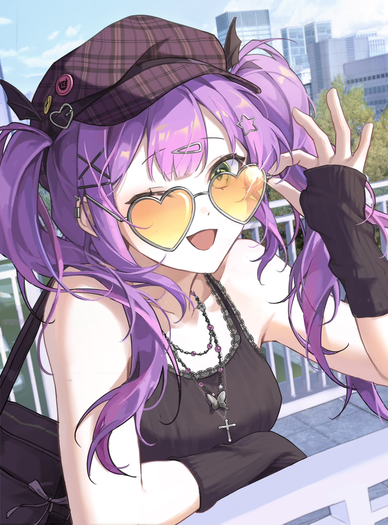 yulmu1005, tokoyami towa, hololive, commentary request, highres, korean commentary, 1girl, :d, adjusting eyewear, arm warmers, bag, black arm warmers, black hat, black tank top, building, butterfly necklace, cross, cross necklace, day, earclip, flat cap, glint, hair ornament, hairclip, hand up, hat, hat ornament, heart, heart-shaped eyewear, jewelry, long hair, looking at viewer, necklace, one eye closed, open mouth, orange-tinted eyewear, orange eyes, outdoors, plaid hat, purple hair, shoulder bag, skyscraper, smile, solo, spike piercing, star (symbol), star hair ornament, tank top, tinted eyewear, twintails, upper body, virtual youtuber, x hair ornament