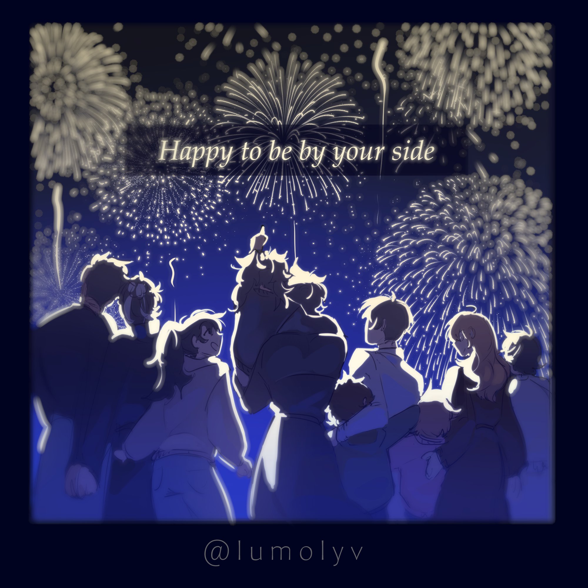 han sooyoung, jung heewon, kim dokja, lee gilyoung, lee hyunsung, lee jihye, shin yoosung, yoo joonghyuk, yoo mia, yoo sangah, omniscient reader's viewpoint, highres, 4boys, 6+girls, aerial fireworks, arm up, blue border, blurry, blurry background, border, carrying, carrying person, dark, everyone, feet out of frame, fireworks, grin, high ponytail, hood, hood down, hoodie, hug, lumolyv, multiple boys, multiple girls, night, outdoors, pointing, ponytail, short hair, smile