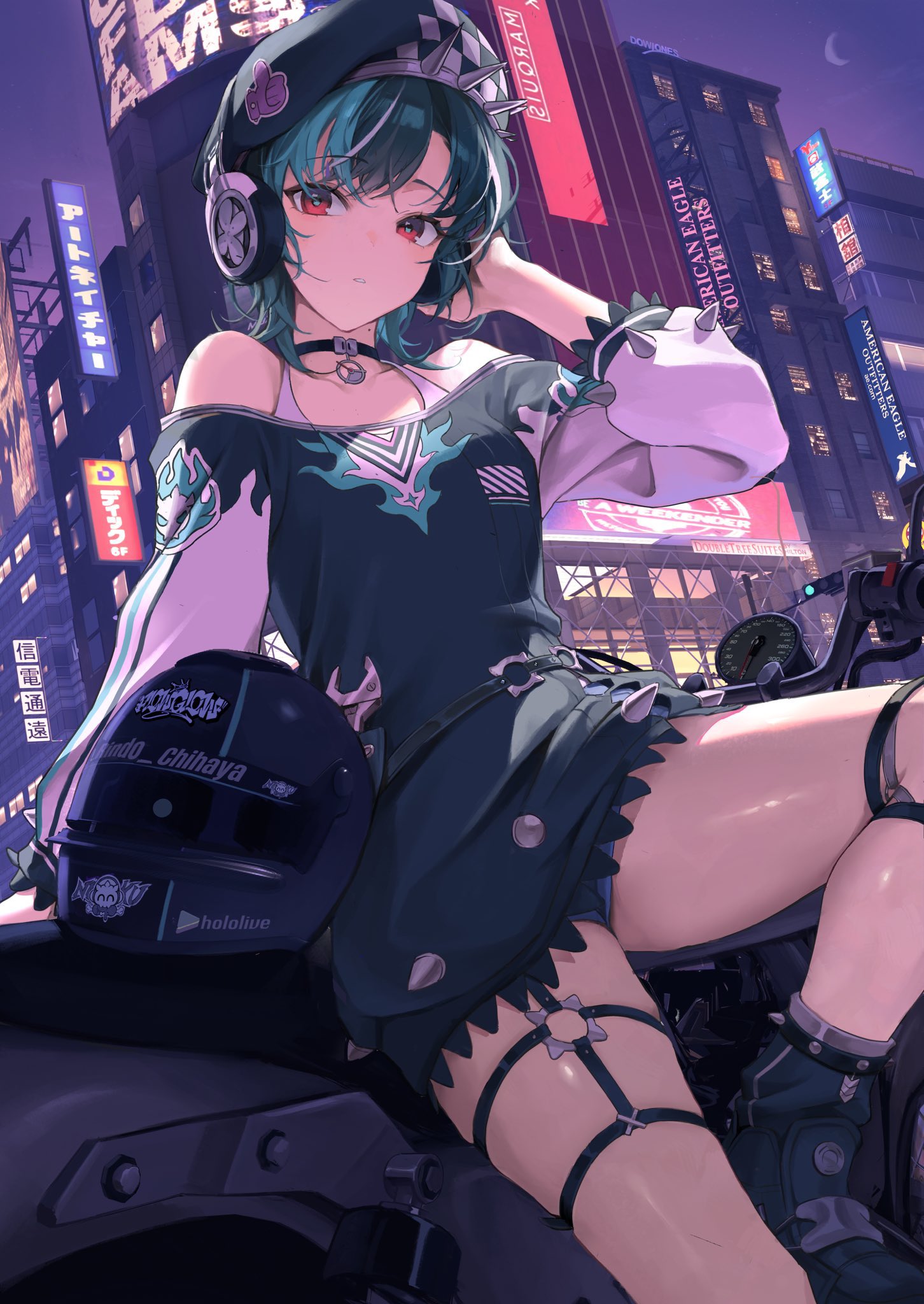 yulmu1005, rindo chihaya, hololive, hololive dev is, commentary request, highres, korean commentary, 1girl, aqua hair, arm at side, arm support, beret, black boots, black hair, black shirt, boots, building, character name, choppy bangs, copyright name, crescent moon, crossed bangs, expressionless, foot out of frame, hand up, hat, headphones, helmet, leg up, long shirt, long sleeves, looking at viewer, moon, motor vehicle, motorcycle, motorcycle helmet, multicolored hair, night, off-shoulder shirt, off shoulder, on motorcycle, outdoors, parted lips, pink sleeves, print shirt, red eyes, shirt, short hair, short shorts, shorts, sign, sitting, skull print, sky, solo, spiked sleeves, spikes, thigh strap, two-tone hair, unworn headwear, unworn helmet, urban