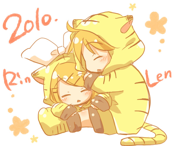 hidacafe, izumi yuu (mee), kagamine len, kagamine rin, tiger (chinese zodiac), vocaloid, 10s, 1boy, 1girl, 2010, aged down, animal costume, animal print, brother and sister, chinese zodiac, closed eyes, new year, siblings, sleeping, tiger costume, tiger print, twins