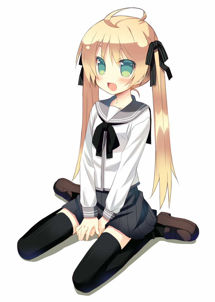 meito (maze), original, 1girl, ahoge, black thighhighs, blonde hair, fang, female focus, full body, green eyes, hair ribbon, kneeling, loafers, no pupils, open mouth, ribbon, school uniform, shoes, sitting, smile, solo, thighhighs, twintails, v arms, wariza, white background, zettai ryouiki