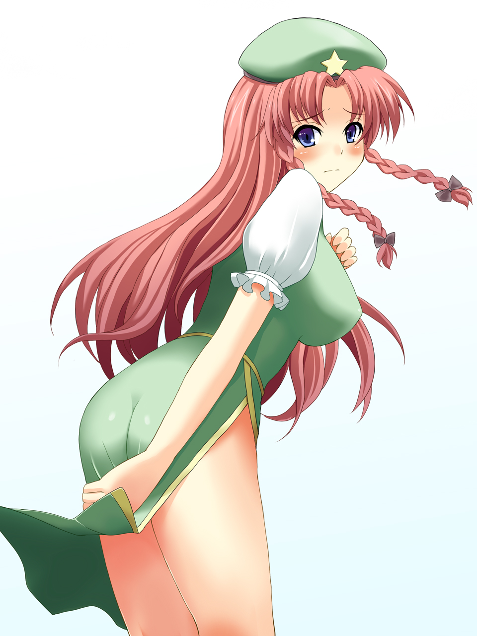 rick.black, hong meiling, embodiment of scarlet devil, touhou, highres, 1girl, ass, blue eyes, blush, braid, china dress, chinese clothes, dress, female focus, green dress, hat, long hair, no panties, red hair, solo, twin braids