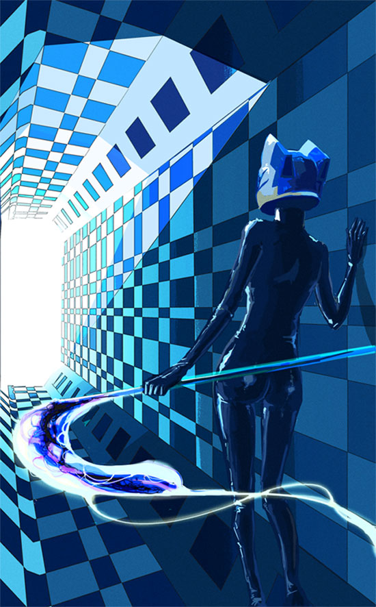 aomushi (shi-cho), celty sturluson, durarara!!, bad id, bad pixiv id, animal ears, back, biker clothes, bikesuit, bodysuit, cat ears, hallway, helmet, latex, legs, motorcycle helmet, scythe, solo